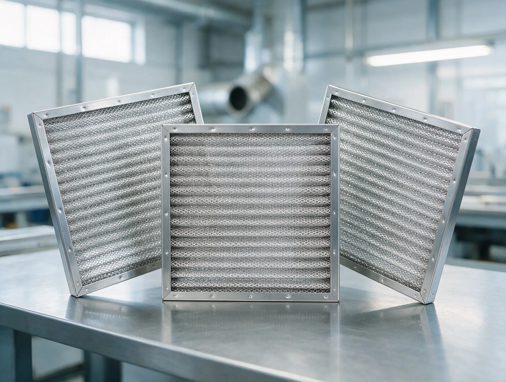 Pleated stainless steel wire mesh air filter panels in metal frames