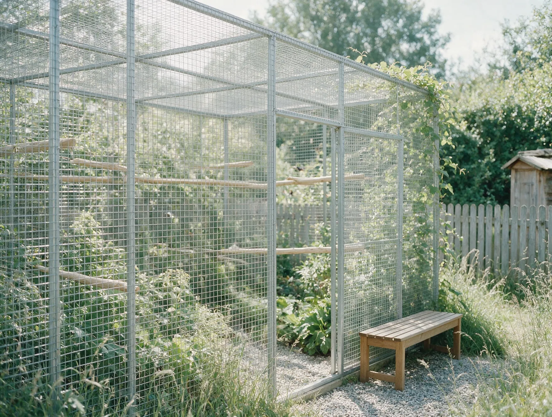 Stainless steel wire mesh panels of a garden aviary, with planting behind