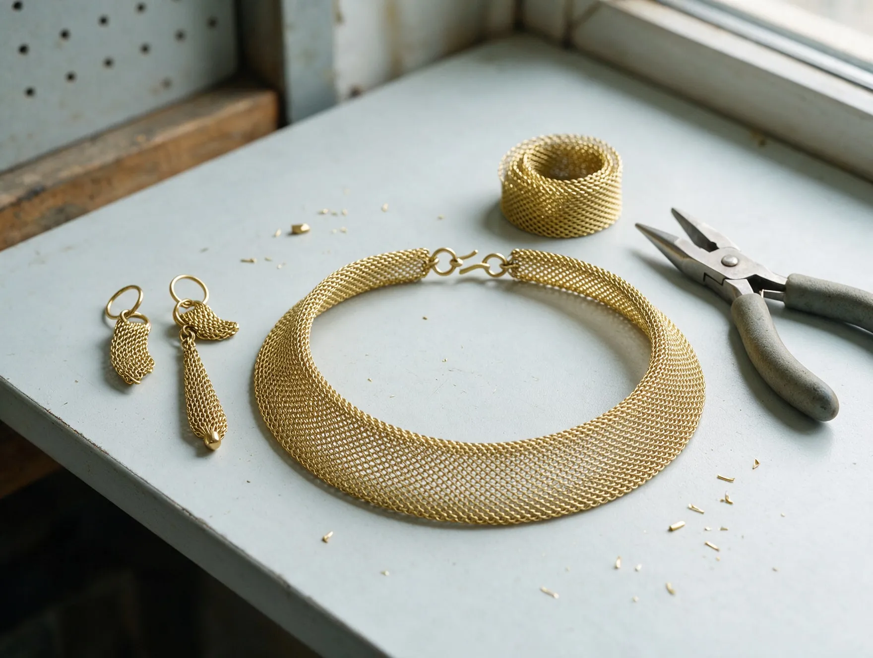 A collar necklace and earrings made of fine brass wire mesh on a jewellers bench