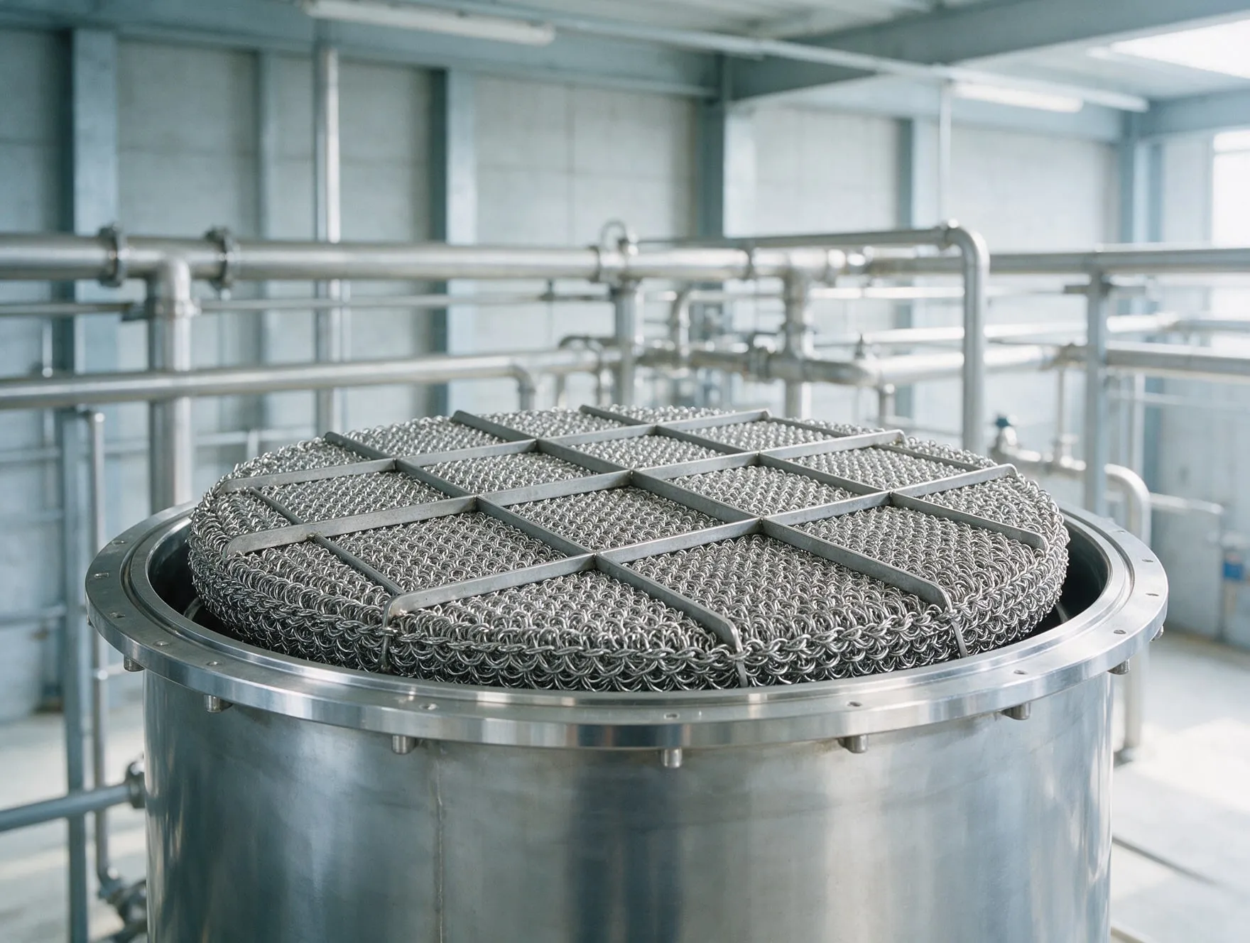 A knitted wire mesh demister pad on the open top of a separator vessel