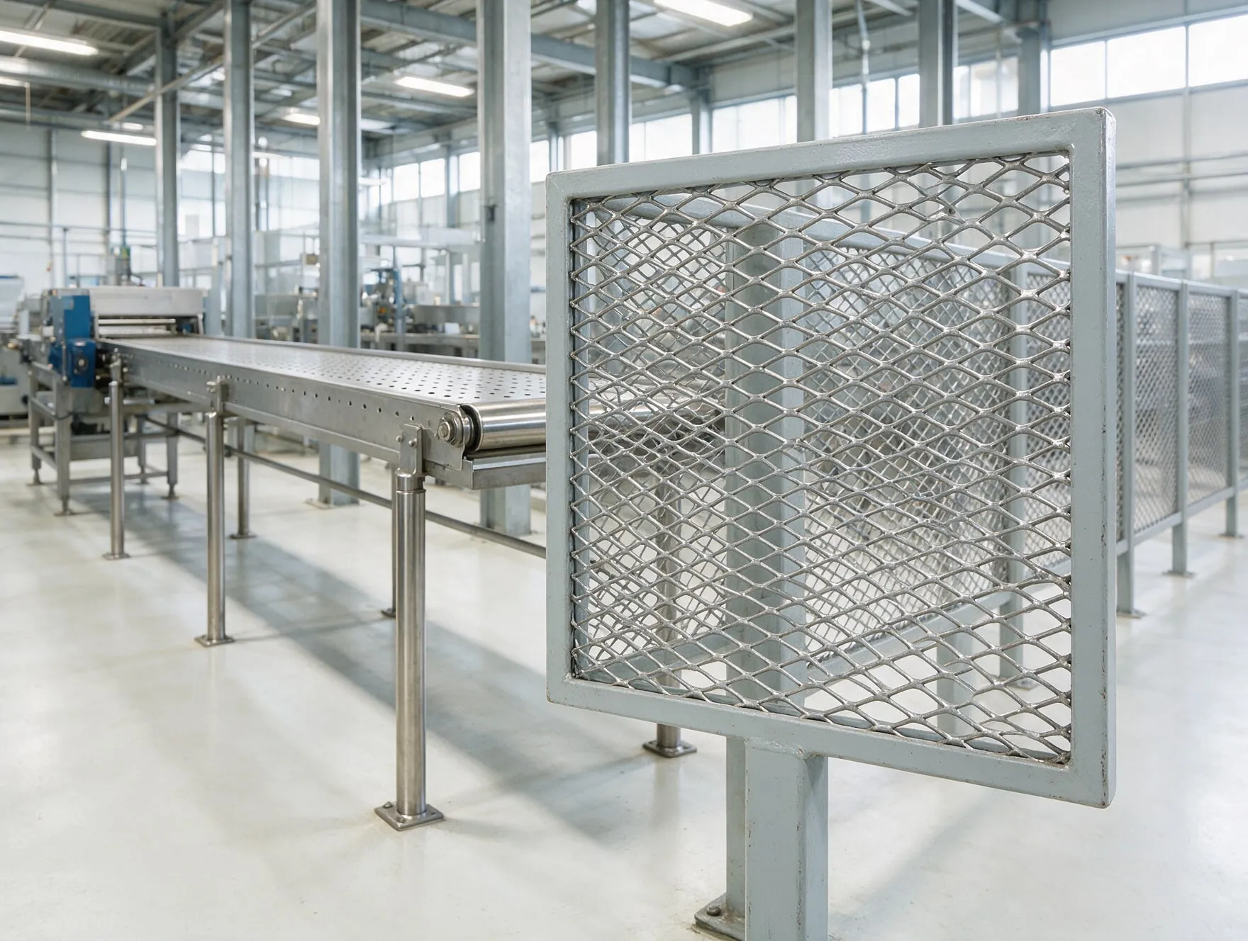 An expanded metal diamond mesh panel in a steel frame, guarding a conveyor