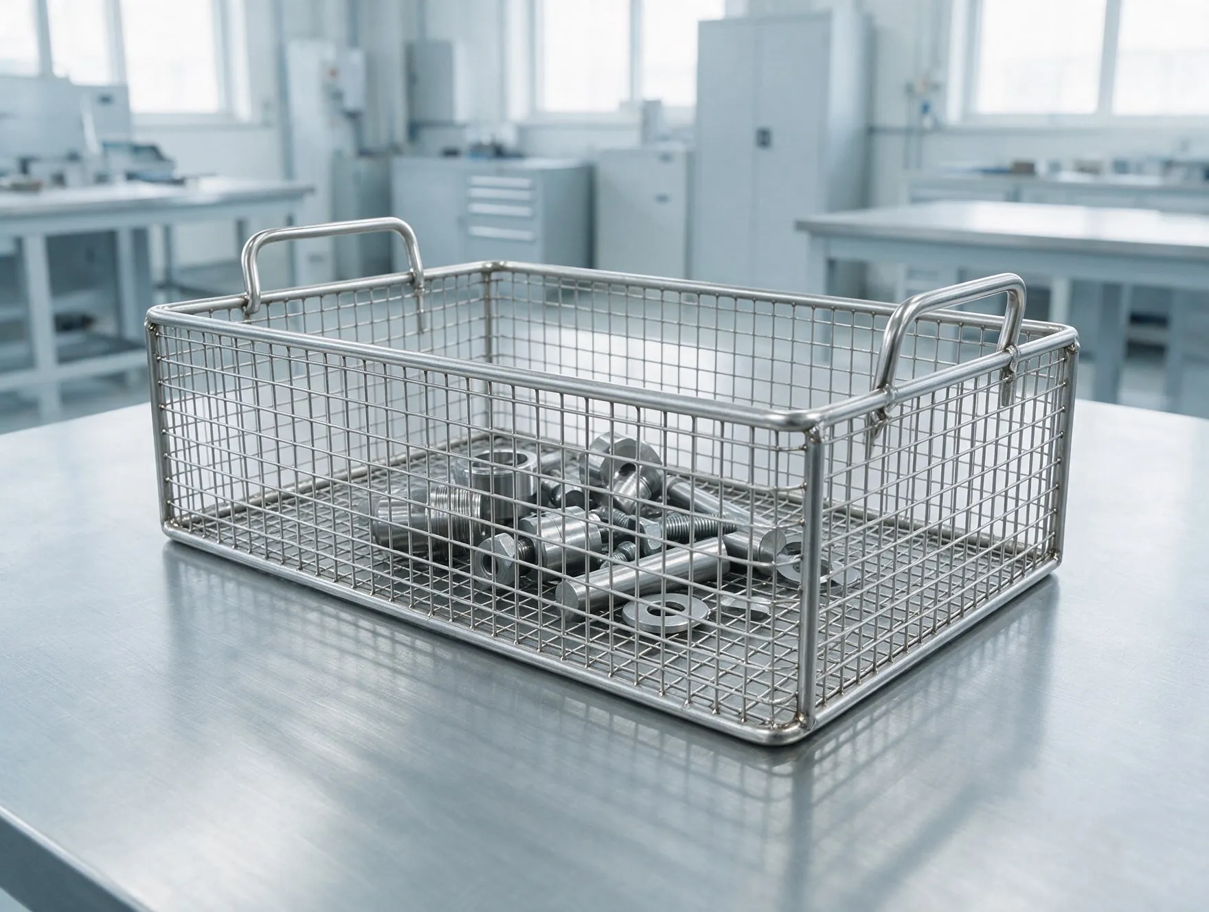 An industrial stainless steel wire mesh basket for washing machined parts