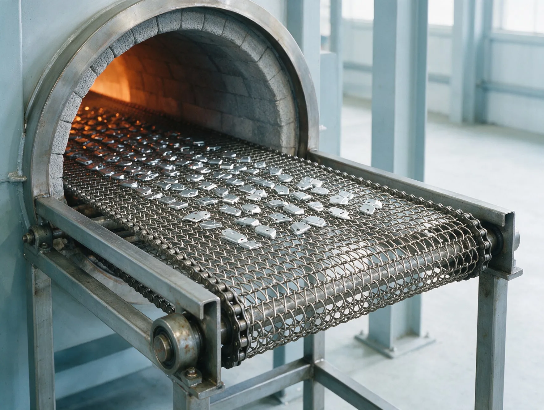 A woven wire mesh belt carrying parts out of an industrial furnace