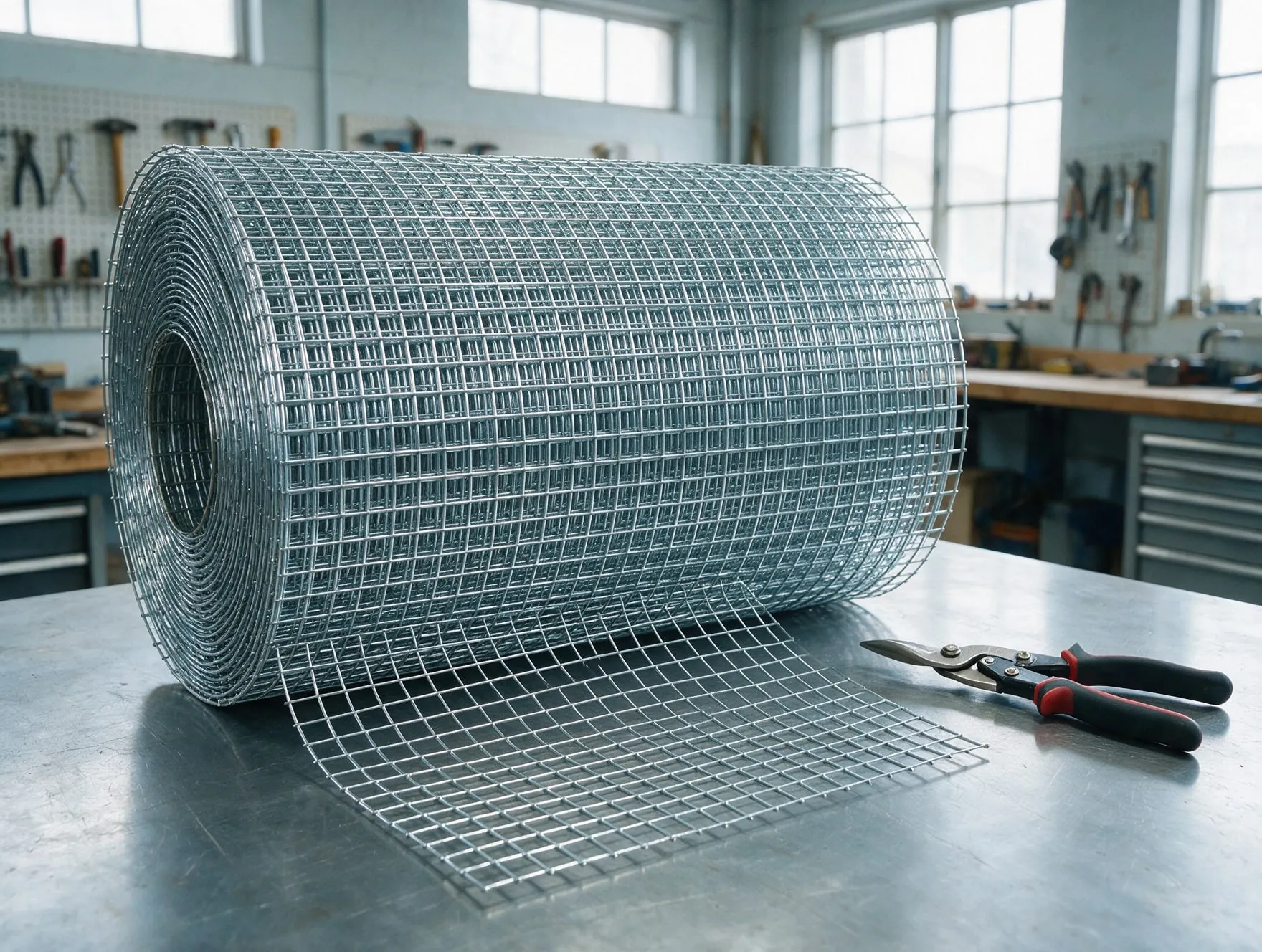 A roll of galvanised hardware cloth on a workshop bench