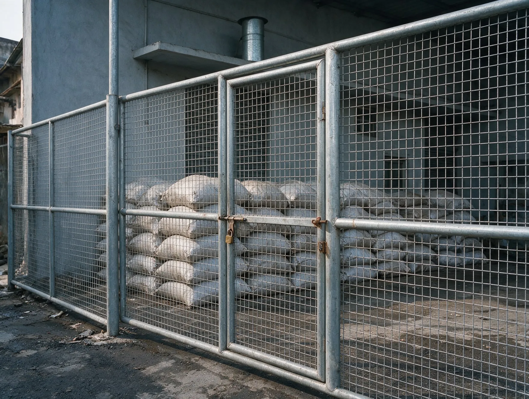 Galvanised wire mesh fence and gate around the yard of a storage godown