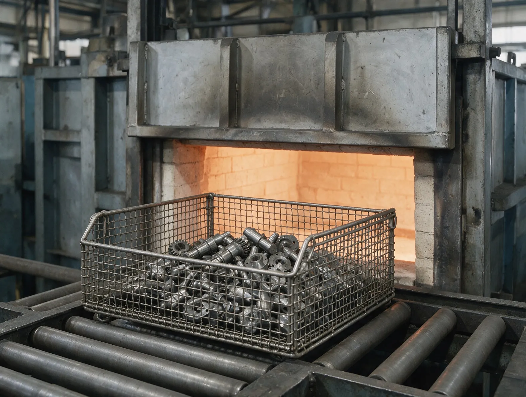Stainless steel wire mesh basket of machined parts in front of an open heat treating furnace