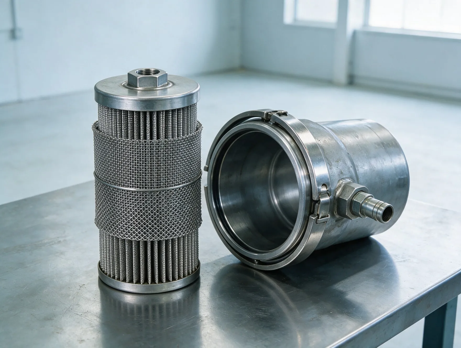 A pleated wire mesh hydraulic filter element beside its housing
