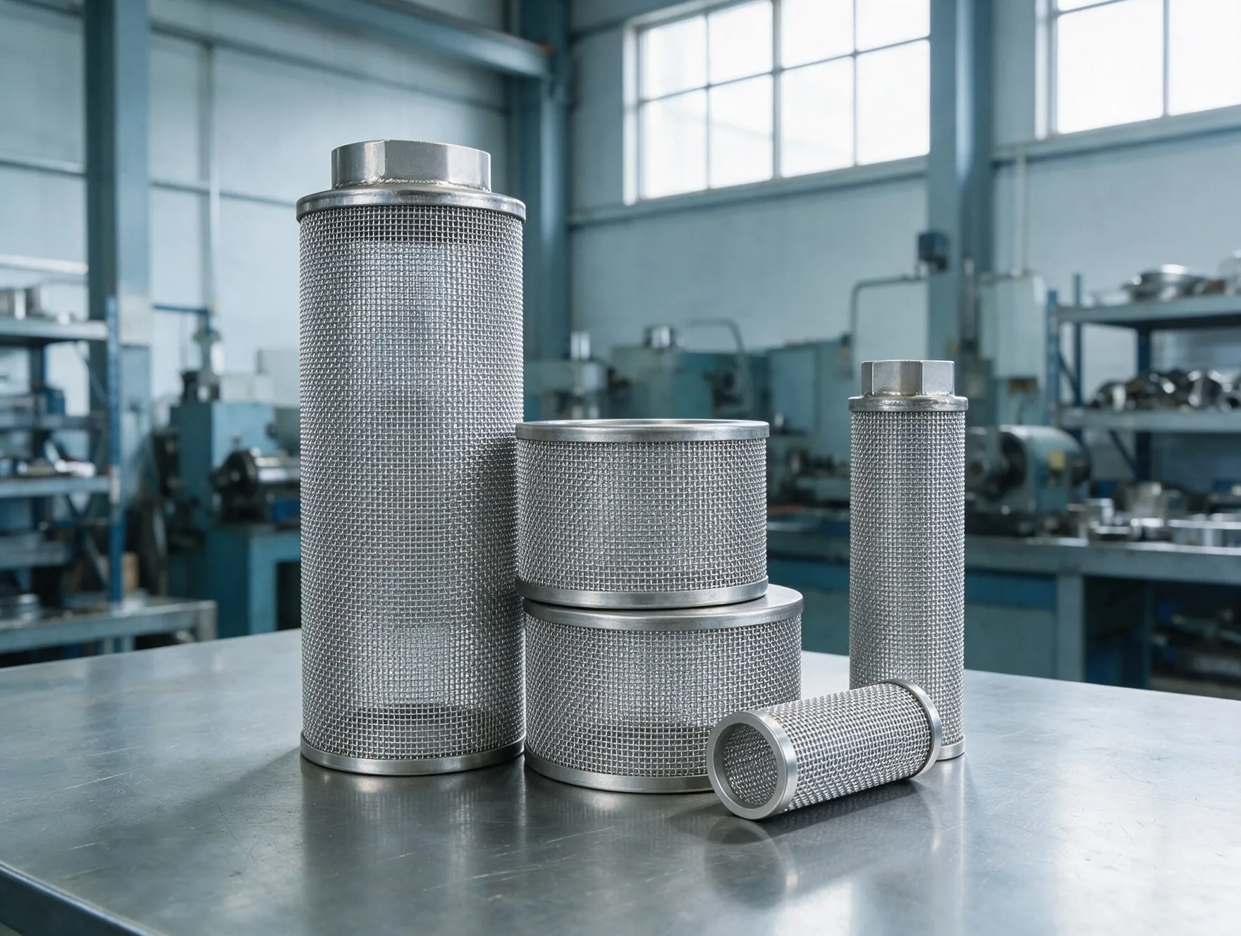 Cylindrical stainless steel wire mesh filter elements on a workbench