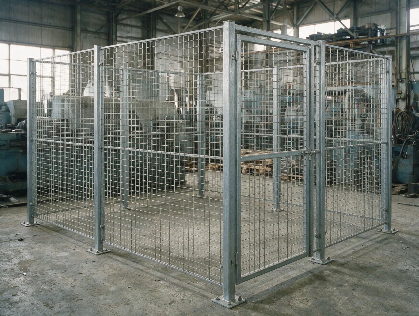 A steel wire mesh security cage with a hinged door on a factory floor