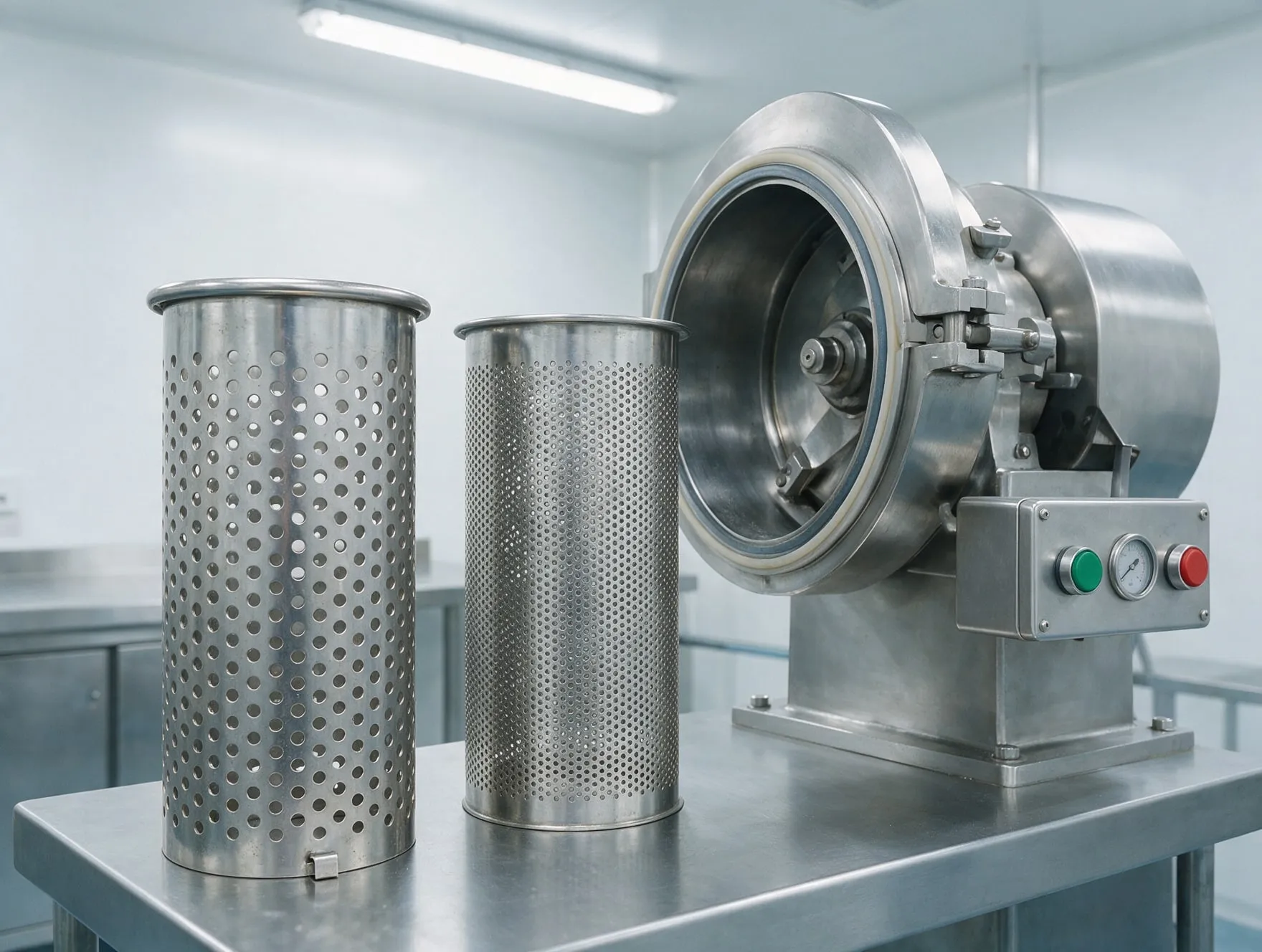 Cylindrical perforated multimill sieves on a clean room bench