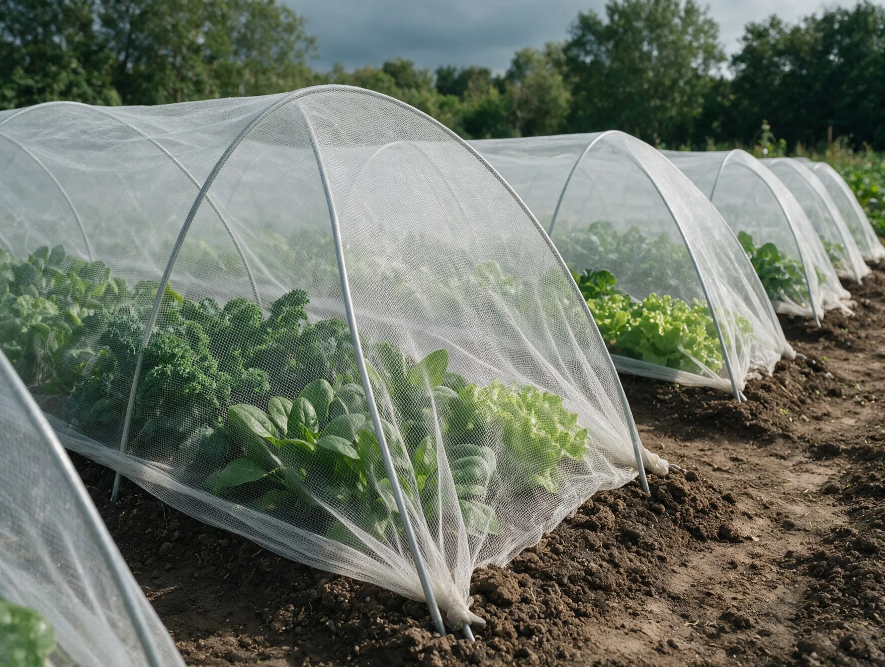 Fine nylon mesh netting stretched over hoops above rows of leafy vegetables