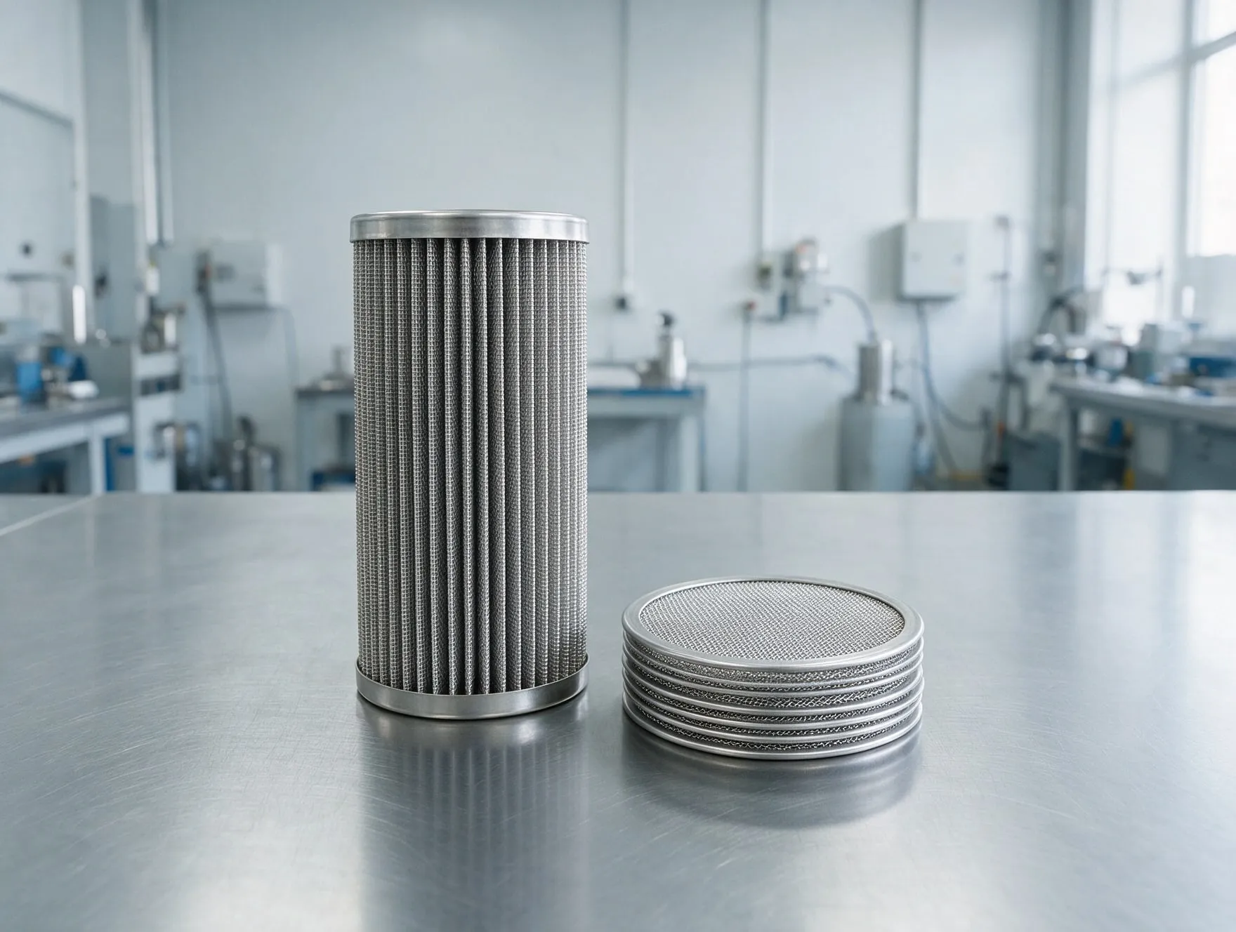 A pleated wire mesh oil filter element beside a stack of wire mesh filter discs