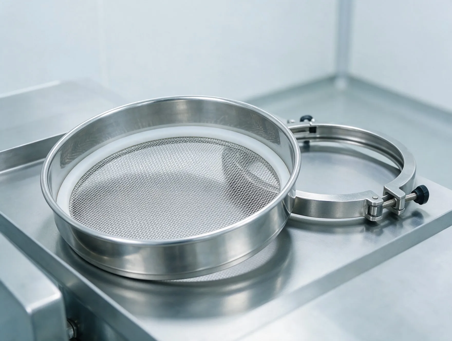 A fine mesh sifter sieve on the deck of a vibro sifter in a clean room