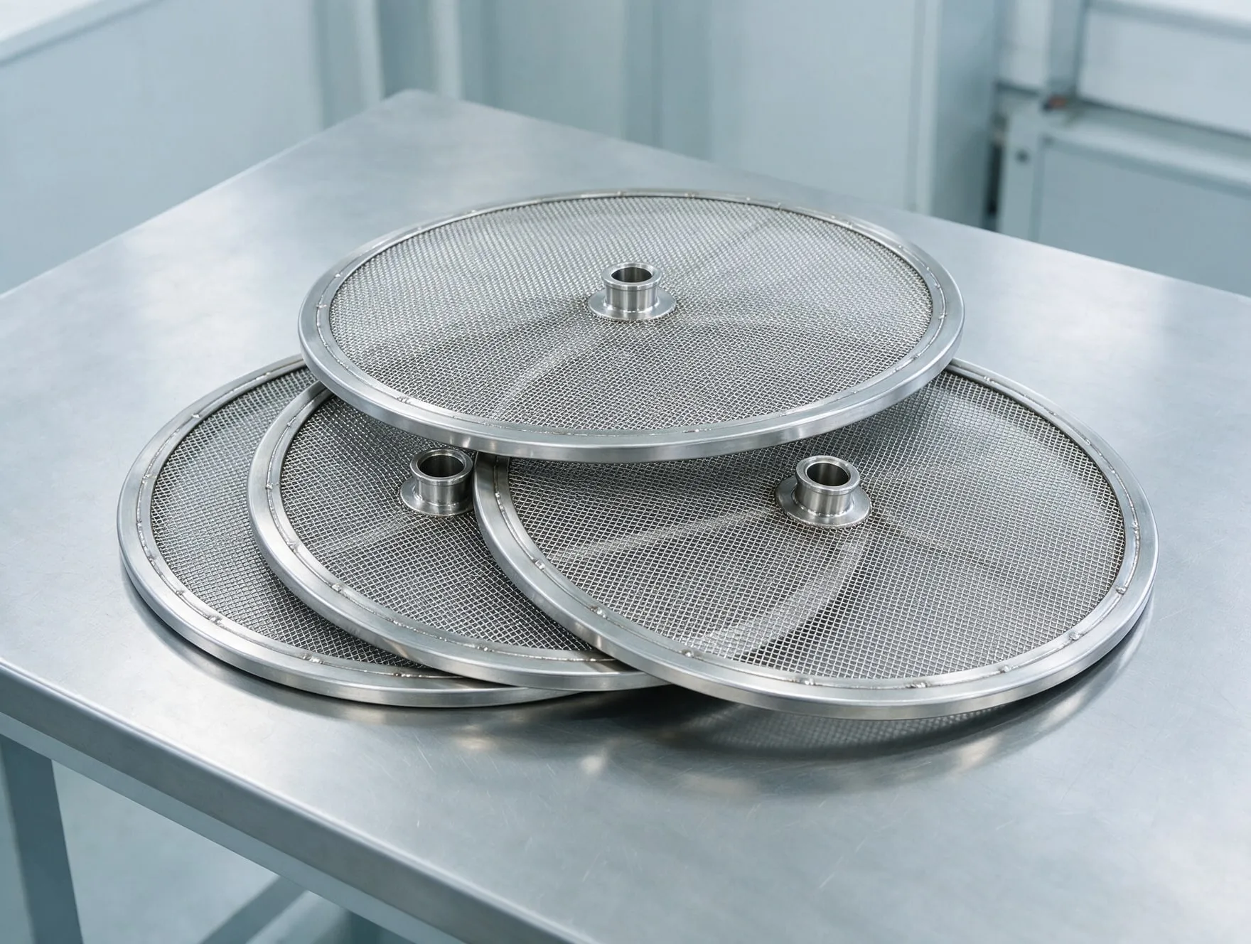 Round stainless steel wire mesh filter leaves for a pressure leaf filter, stacked on a workbench
