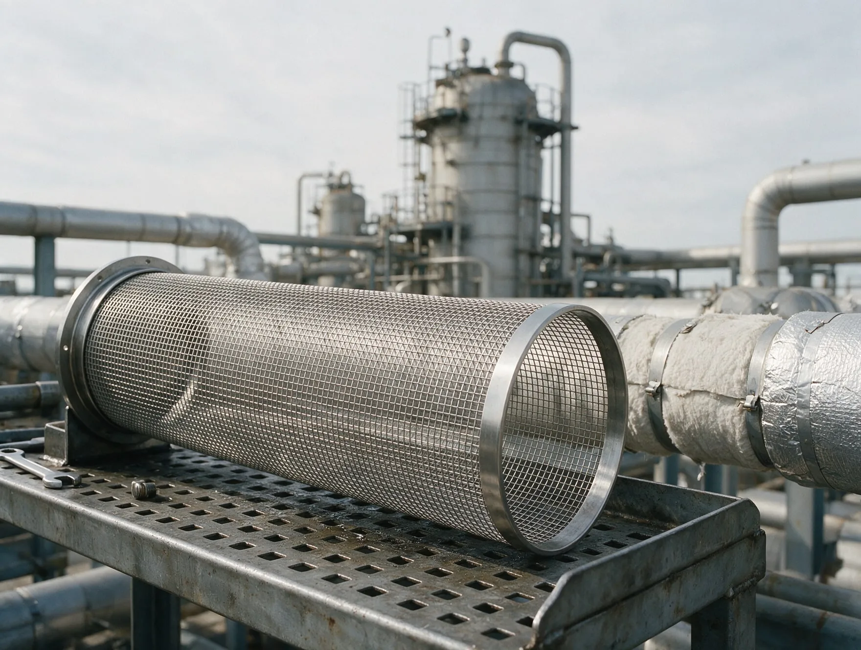A cylindrical welded wire mesh strainer element beside refinery pipework