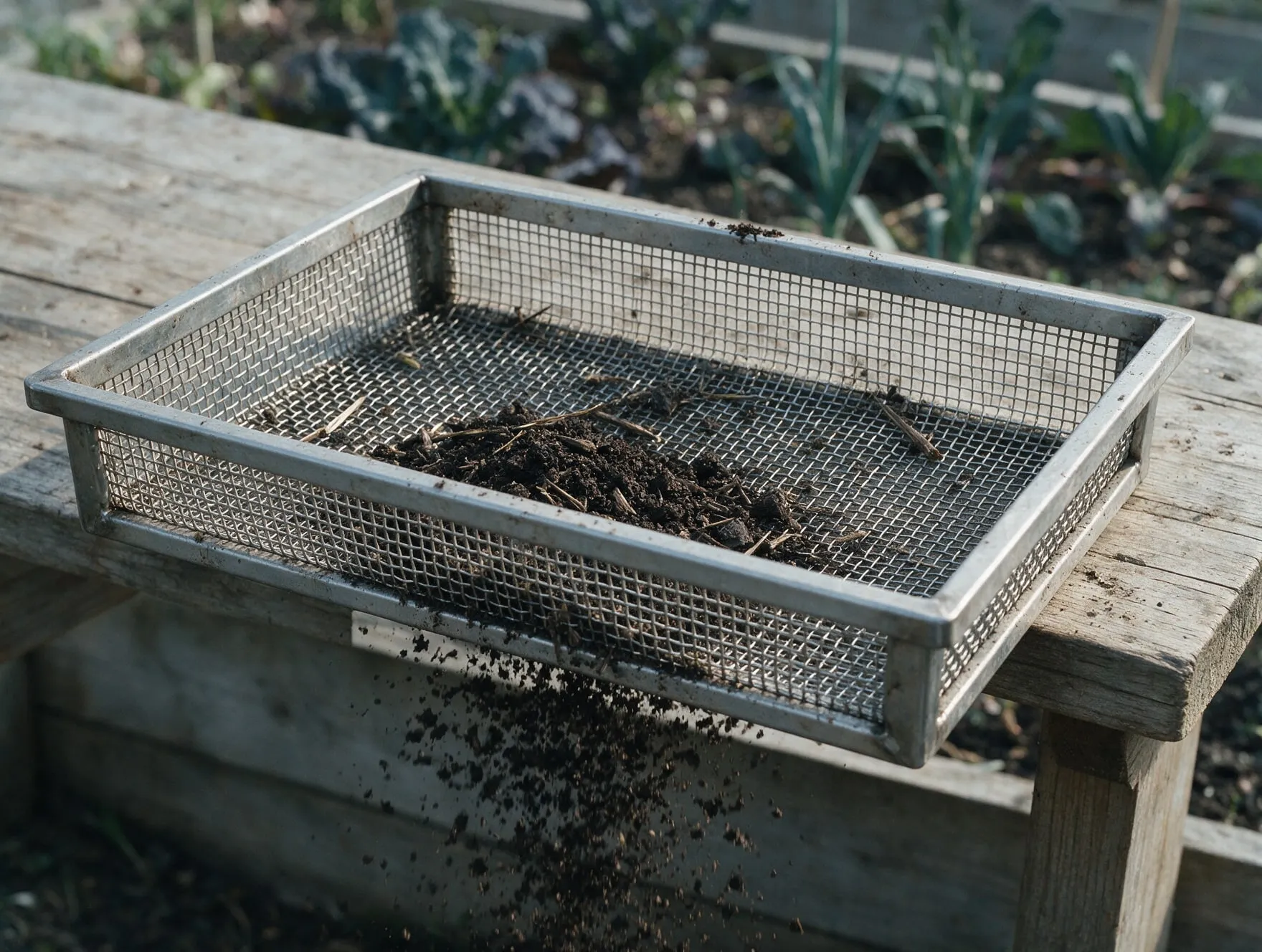 Stainless steel wire mesh sieve tray screening compost on a farm bench