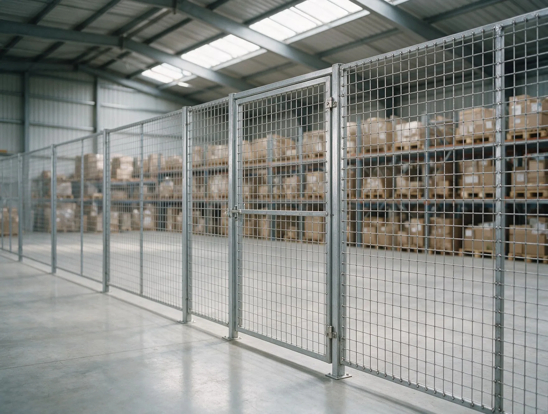 A welded wire mesh partition and gate dividing a warehouse storage area
