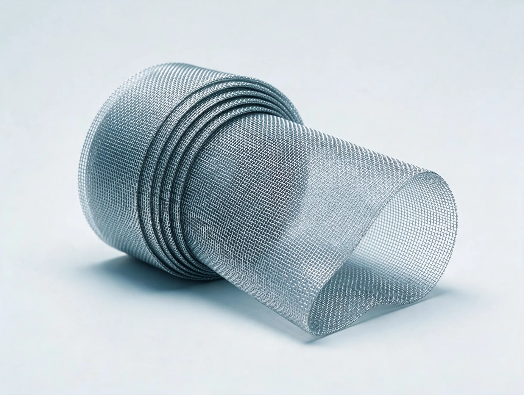 A roll of very fine woven stainless steel wire mesh, partly unrolled