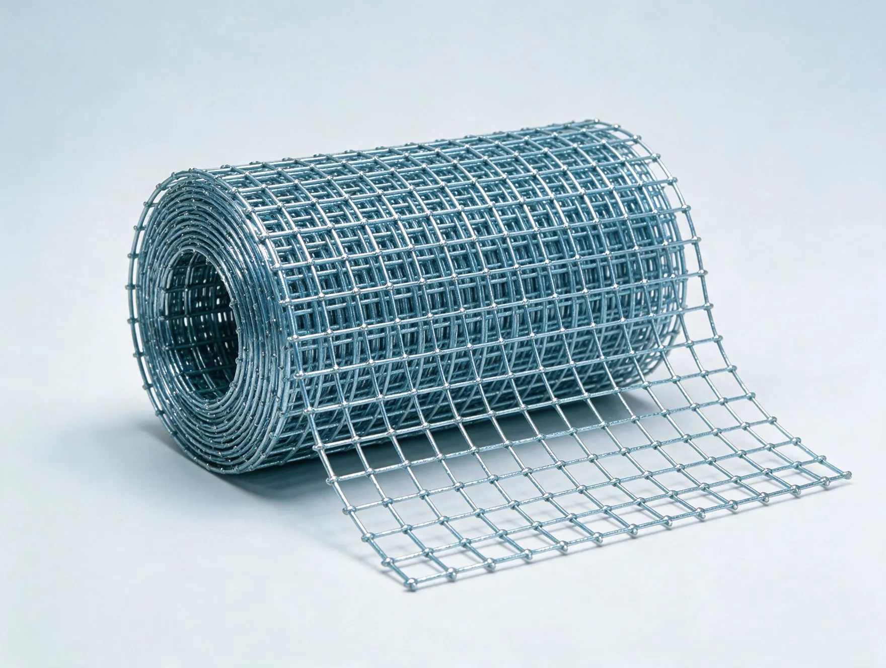 A roll of galvanised woven wire mesh, partly unrolled