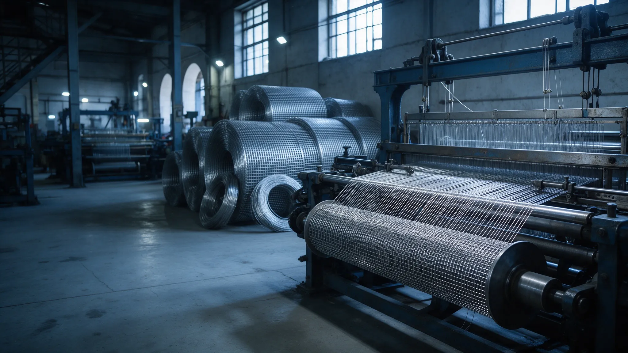 A loom weaving stainless steel wire mesh in the works, with finished rolls of mesh stacked beside it