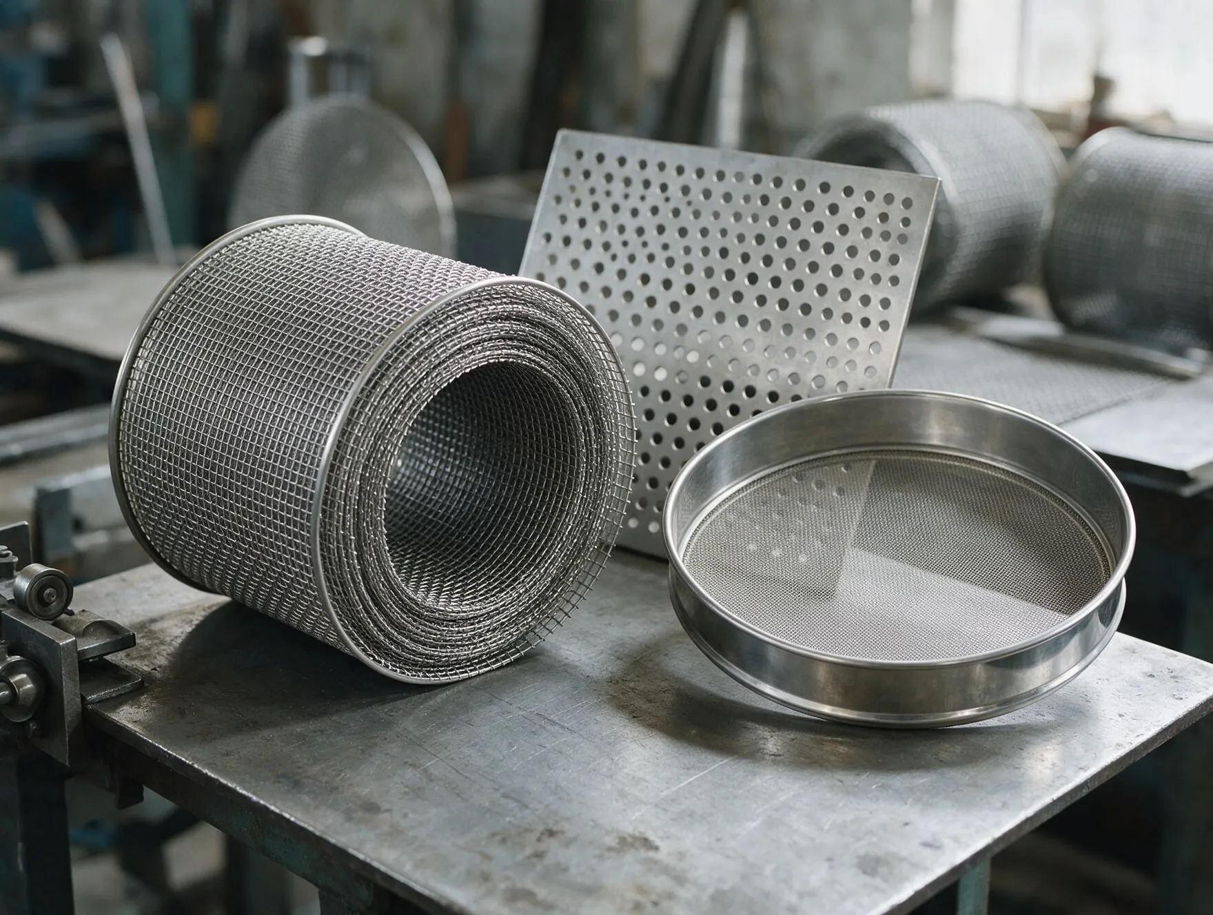 A roll of woven stainless steel wire mesh, a sifter sieve and a perforated sheet on a workbench