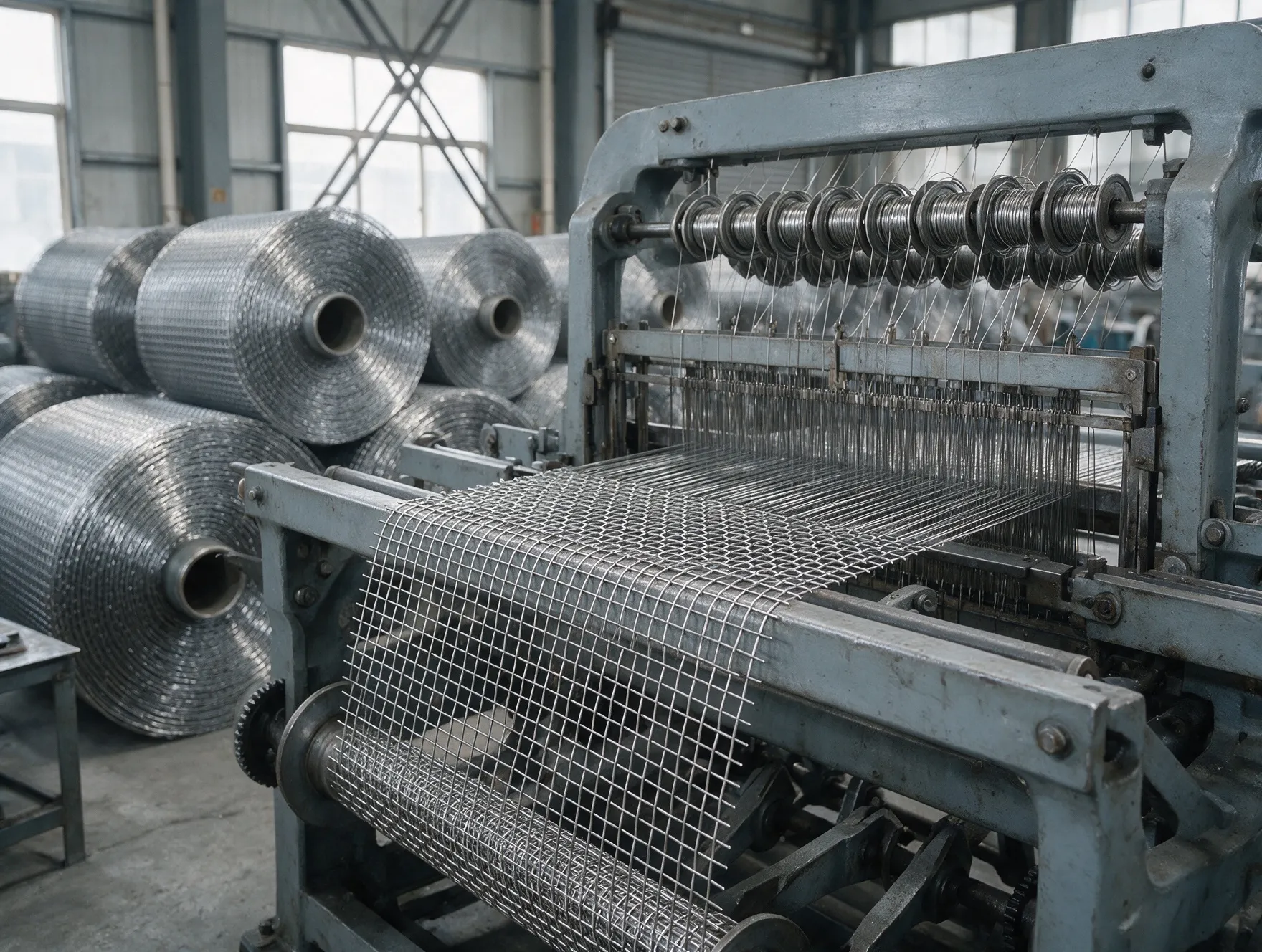 Stainless steel wire mesh being woven on a loom, with finished rolls behind