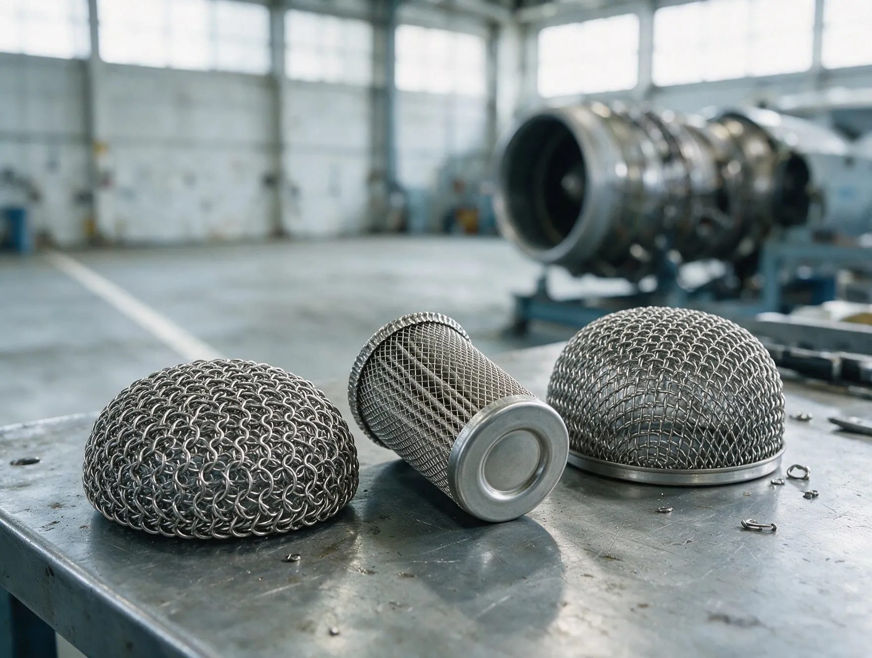Knitted wire mesh vibration isolators and a woven mesh fuel filter element on an aircraft maintenance bench