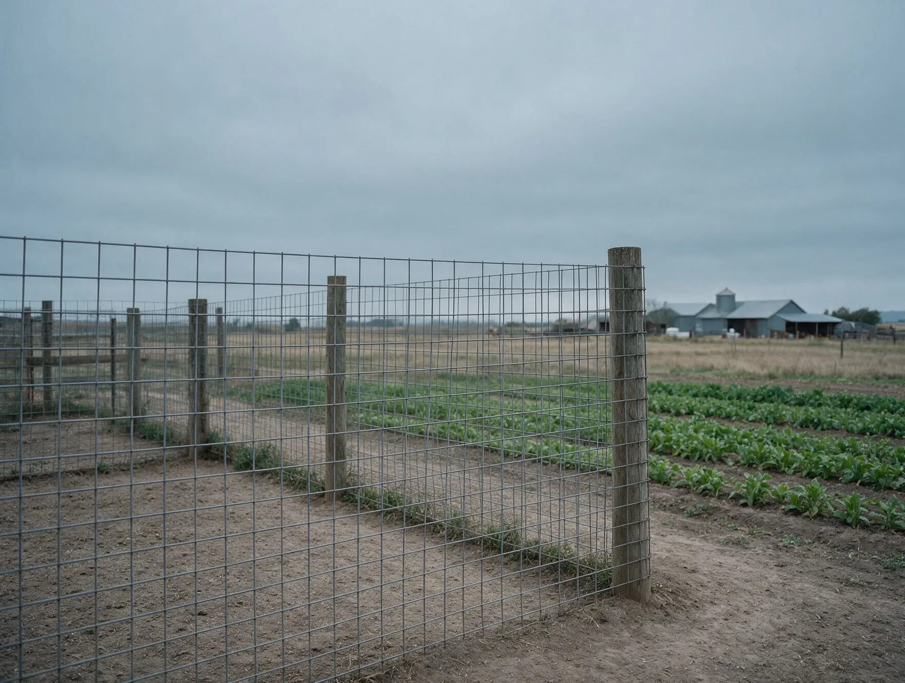 Welded wire mesh fence on timber posts beside rows of crops on a farm
