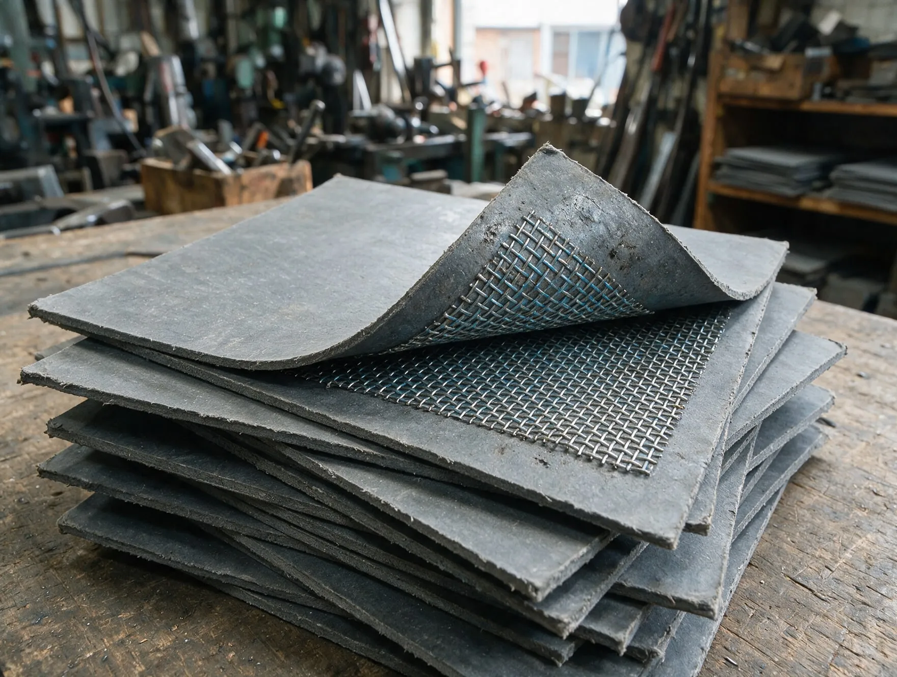 Compressed fibre jointing sheets, one cut to show the steel wire mesh insert inside
