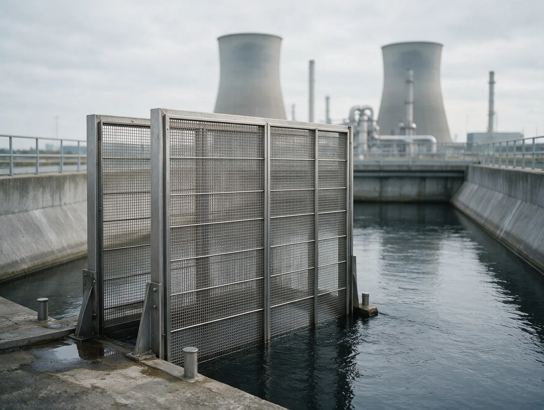 Mesh intake screens in a power station cooling channel