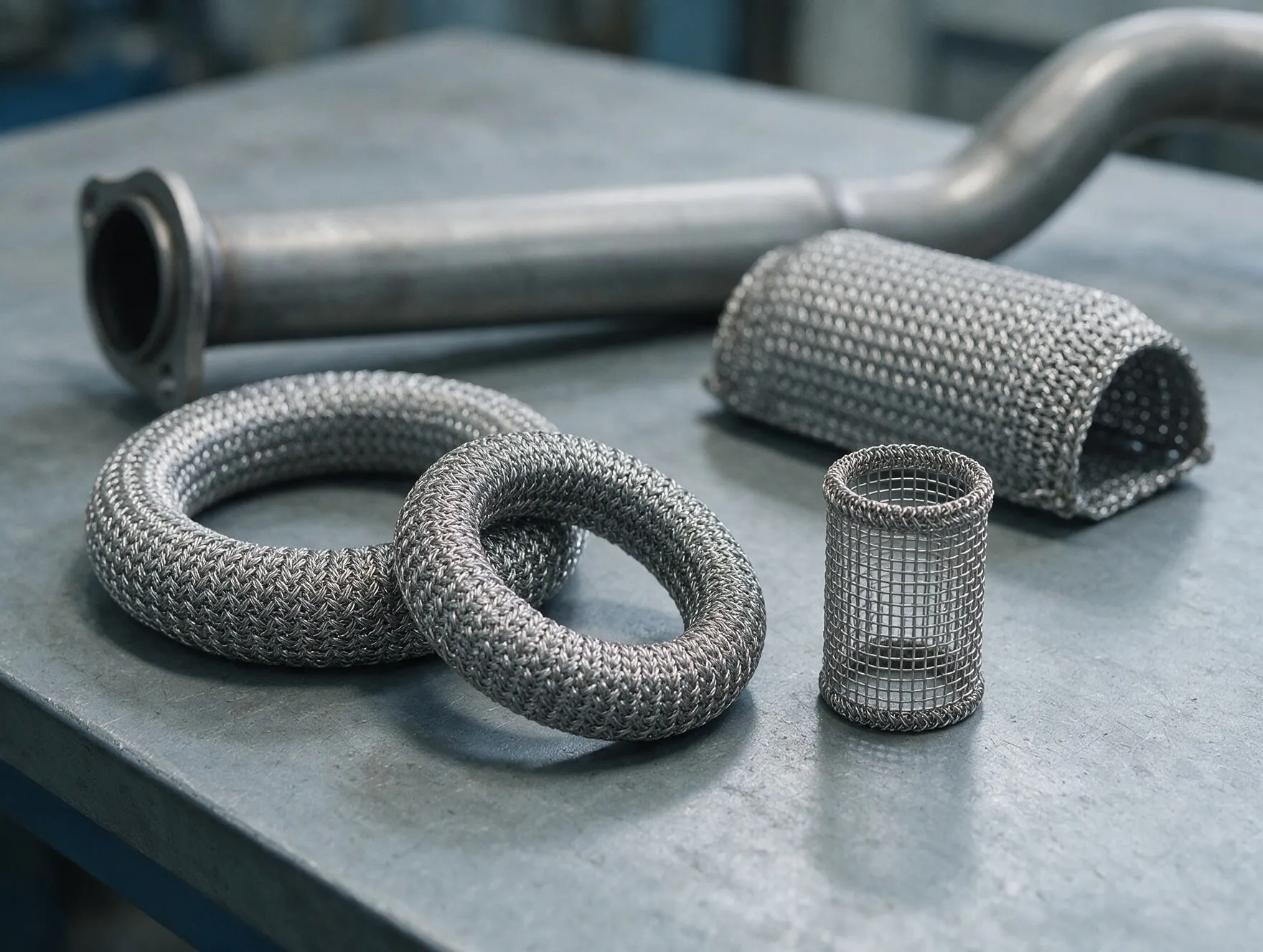 Knitted wire mesh exhaust seal rings, an airbag filter and a catalytic converter wrap on a workbench
