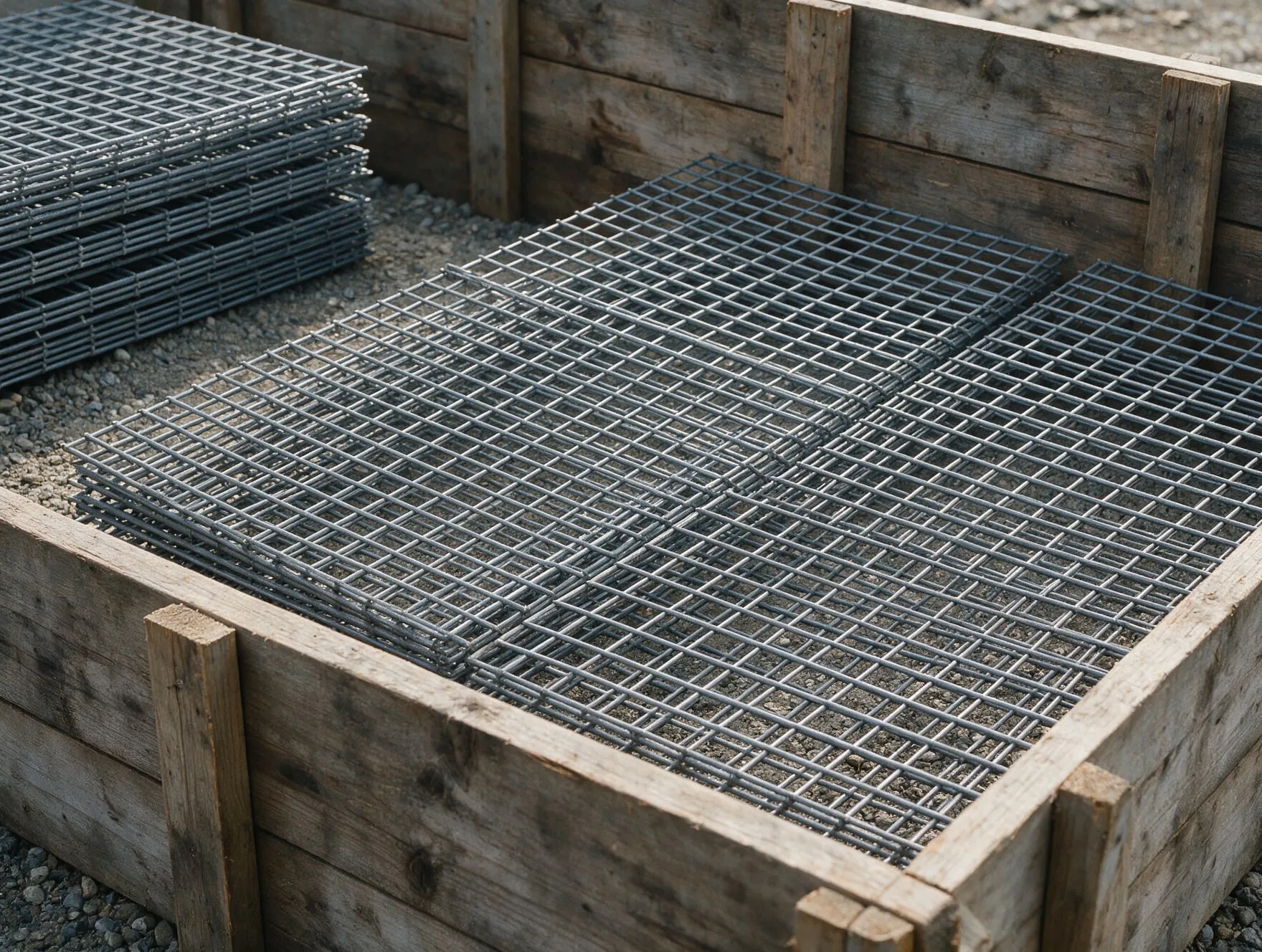 Welded steel reinforcement mesh laid in formwork, ready for a concrete slab