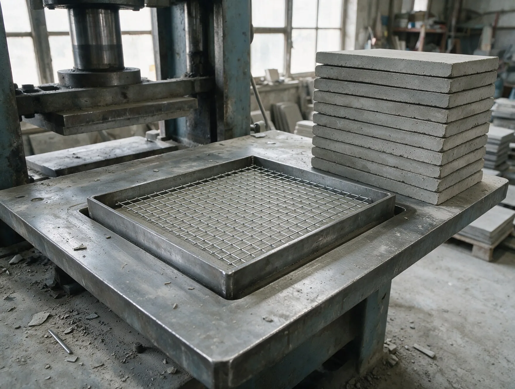 Steel wire mesh reinforcement laid in a tile mould, beside a stack of cement tiles