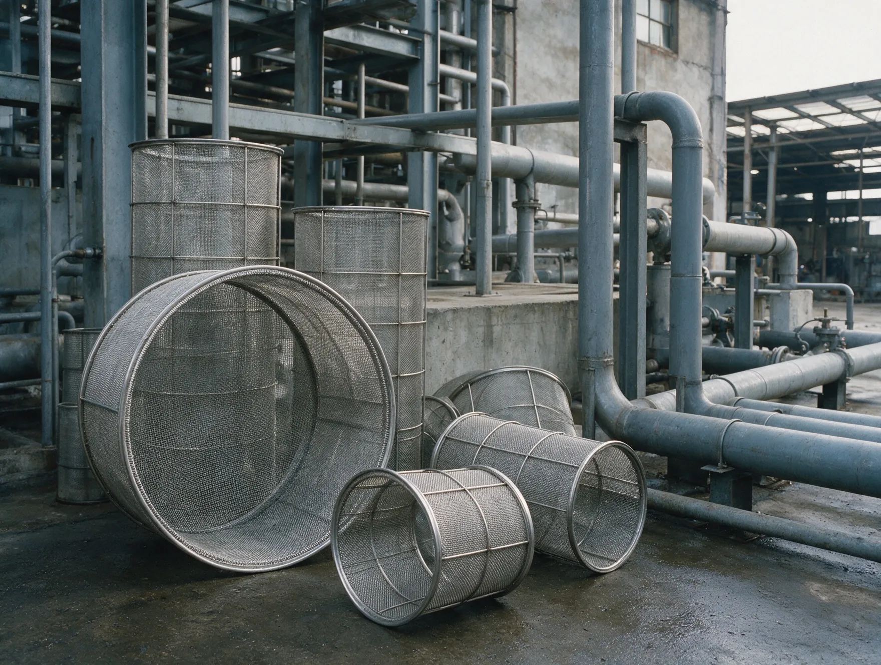 Cylindrical wire mesh filter elements beside process pipework