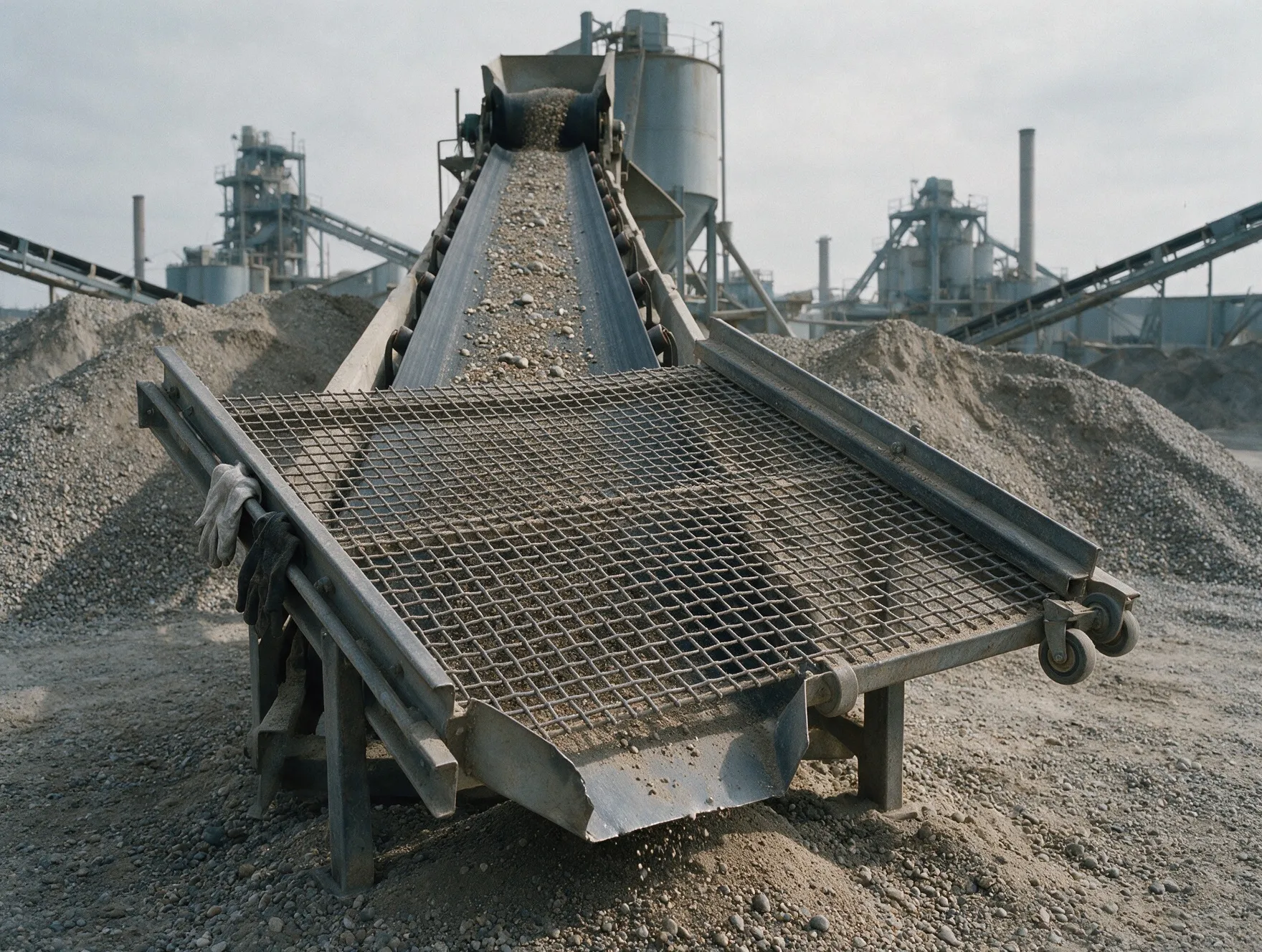 Coarse wire mesh screen grading sand and gravel at an aggregate plant