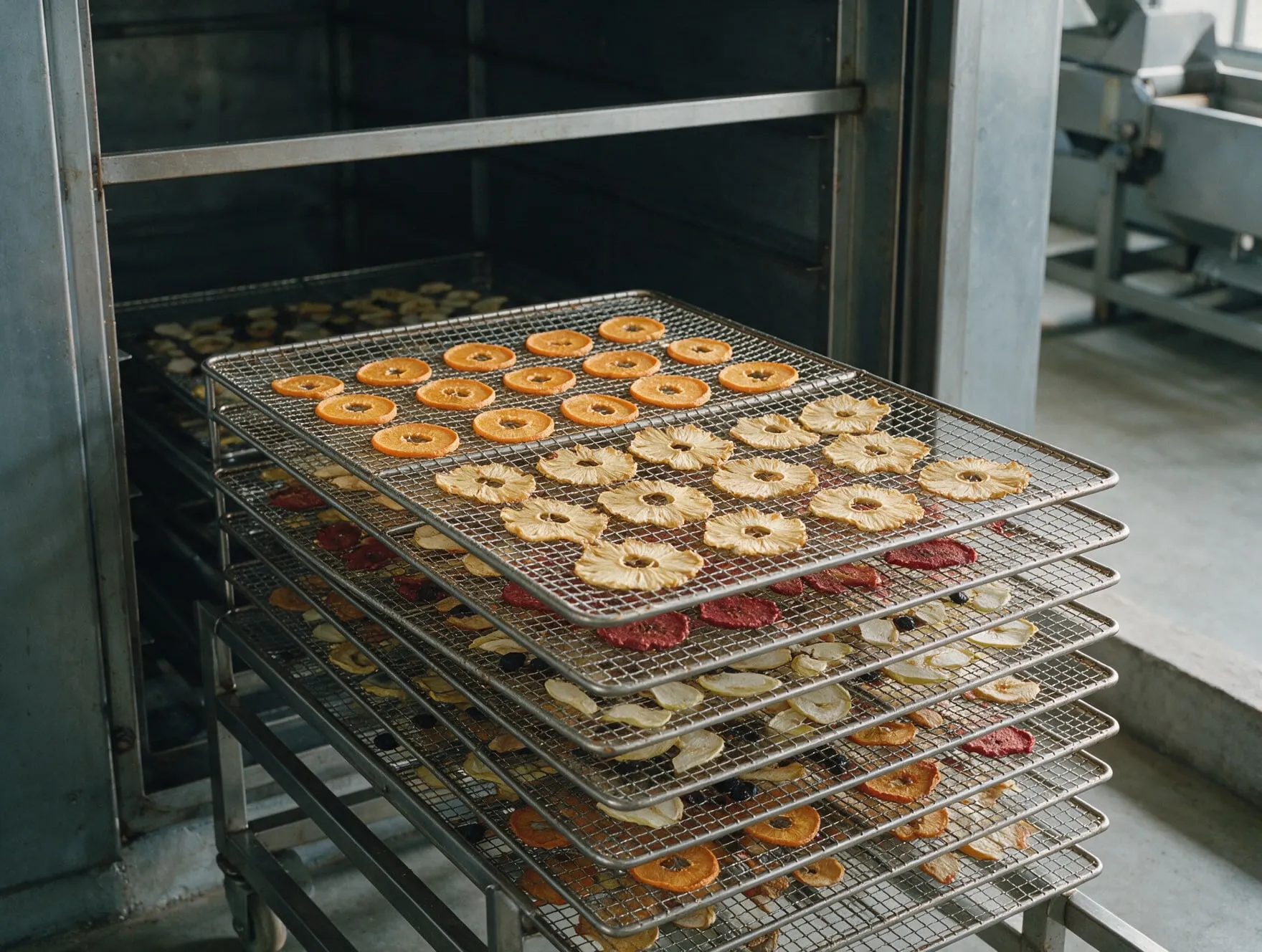 Stainless steel wire mesh trays of sliced fruit and vegetables on a rack at a drying tunnel