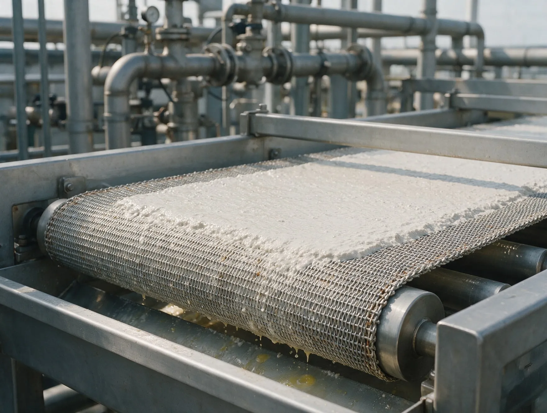 A woven wire mesh filter belt dewatering gypsum on a vacuum belt filter