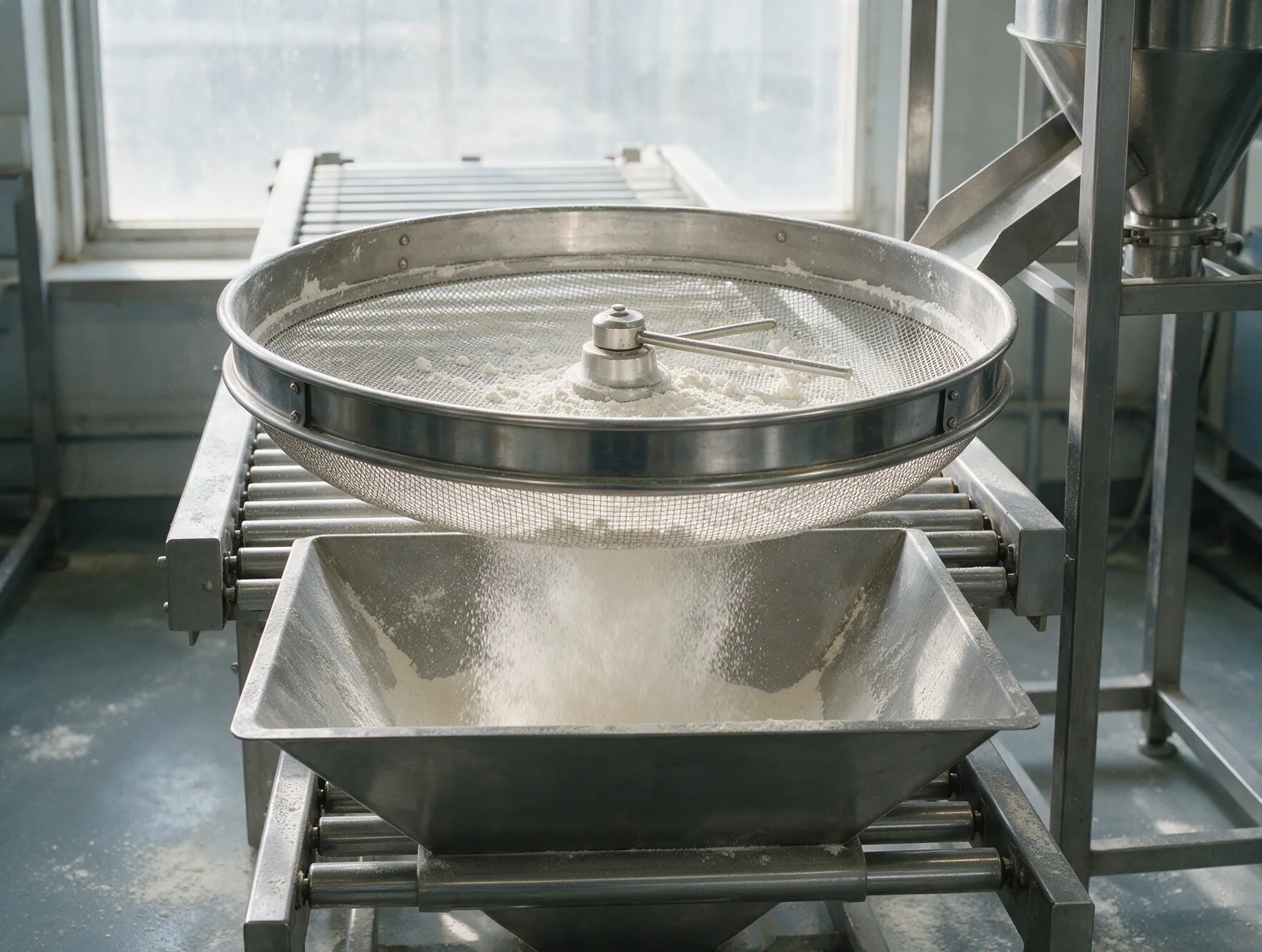 Round stainless steel sieve screening flour on a processing line