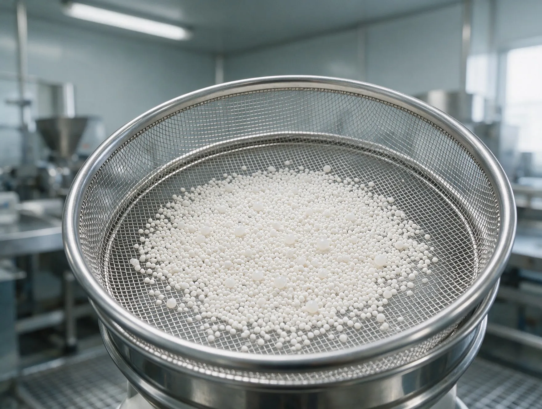 A round stainless steel sifter sieve holding white granules, with oversize granules retained on the mesh