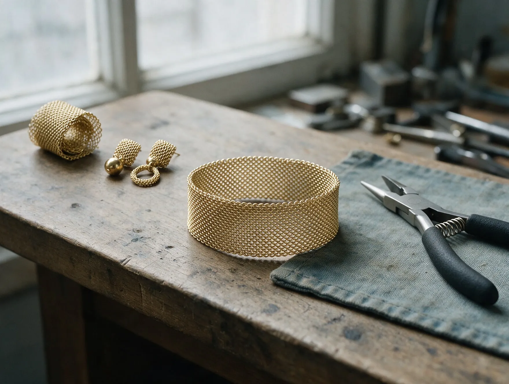 A bracelet and earrings made from woven brass wire mesh, beside a roll of fine brass mesh