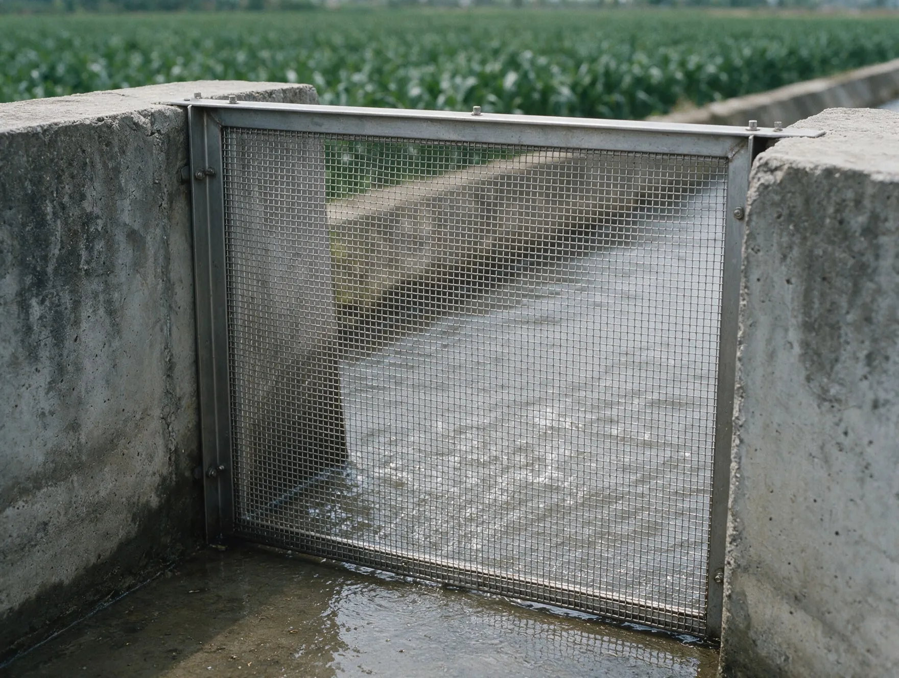 Stainless steel wire mesh intake screen across the inlet of an irrigation canal