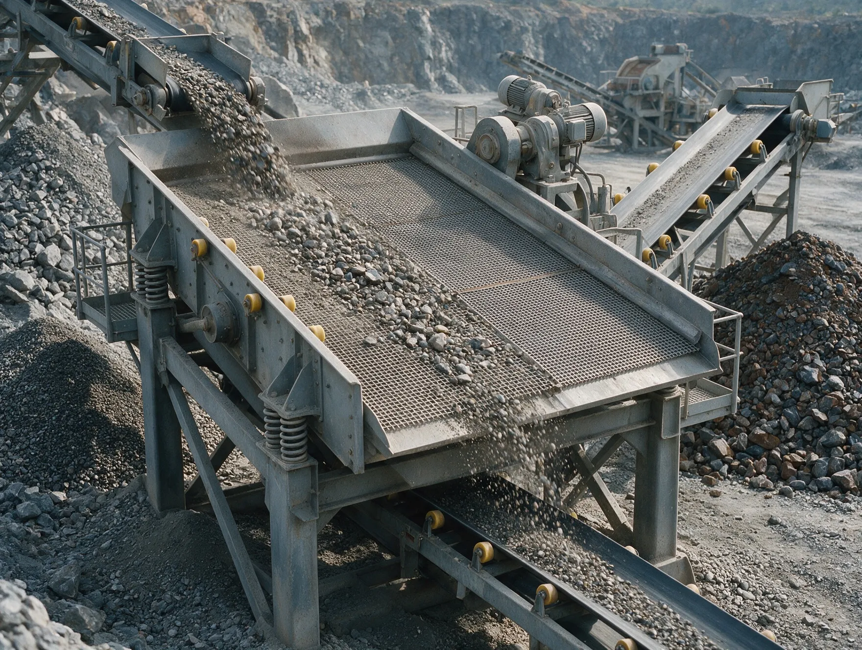 Woven wire vibrating screen sorting crushed stone at a quarry