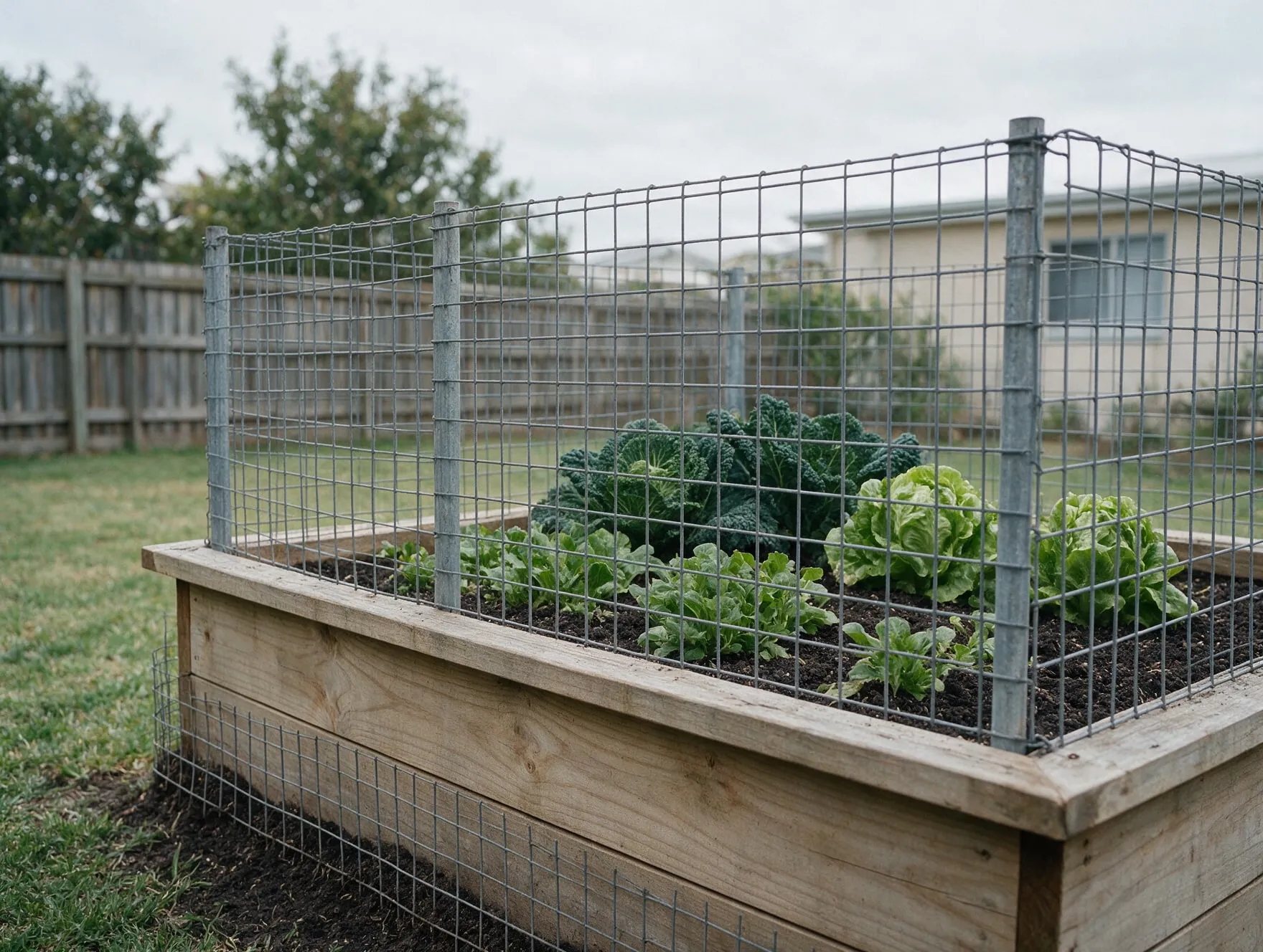 A low galvanised wire mesh fence around a raised vegetable bed, buried at its base