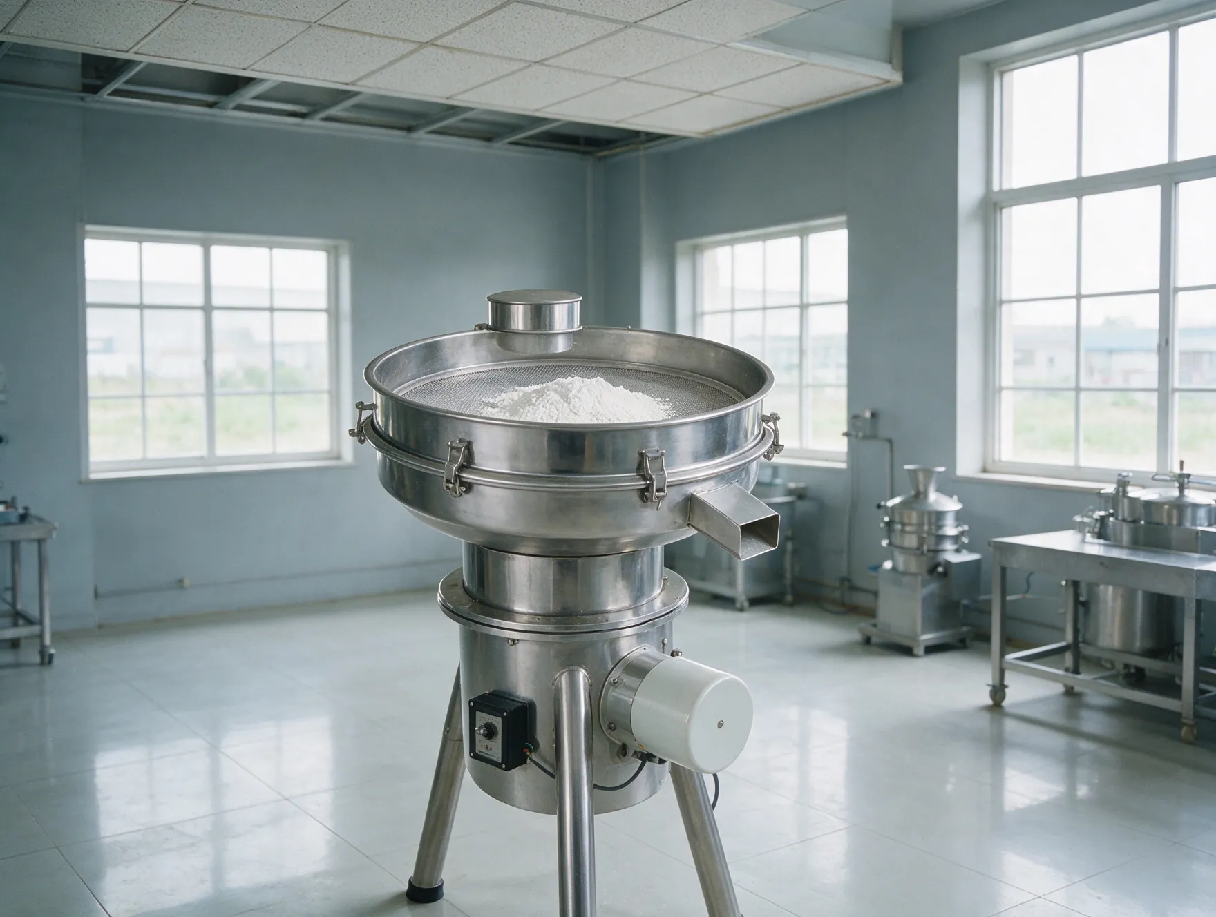 Stainless steel vibro sifter with a fine mesh sieve in a clean production room
