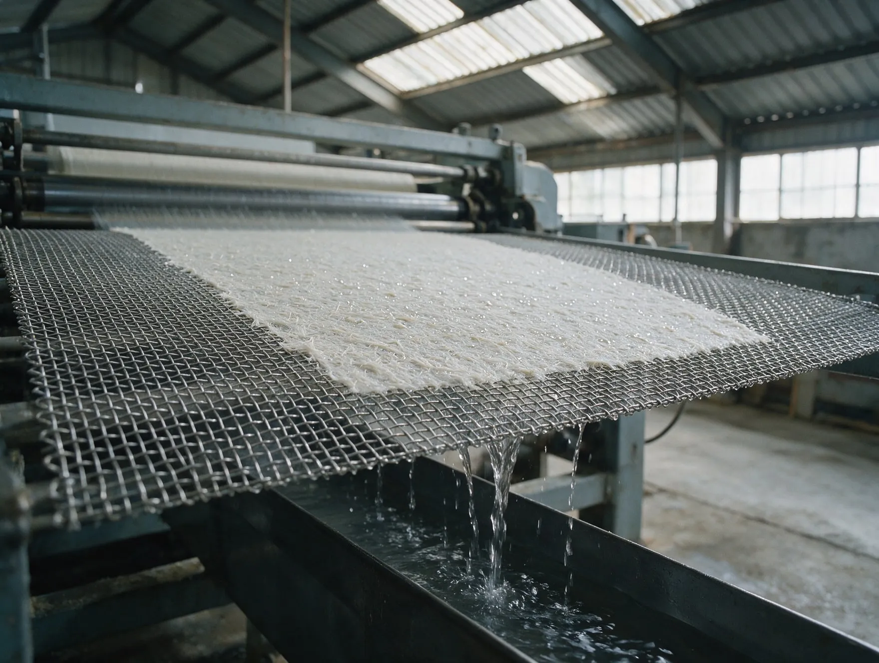 A wire mesh forming screen on a paper machine with wet pulp draining through it