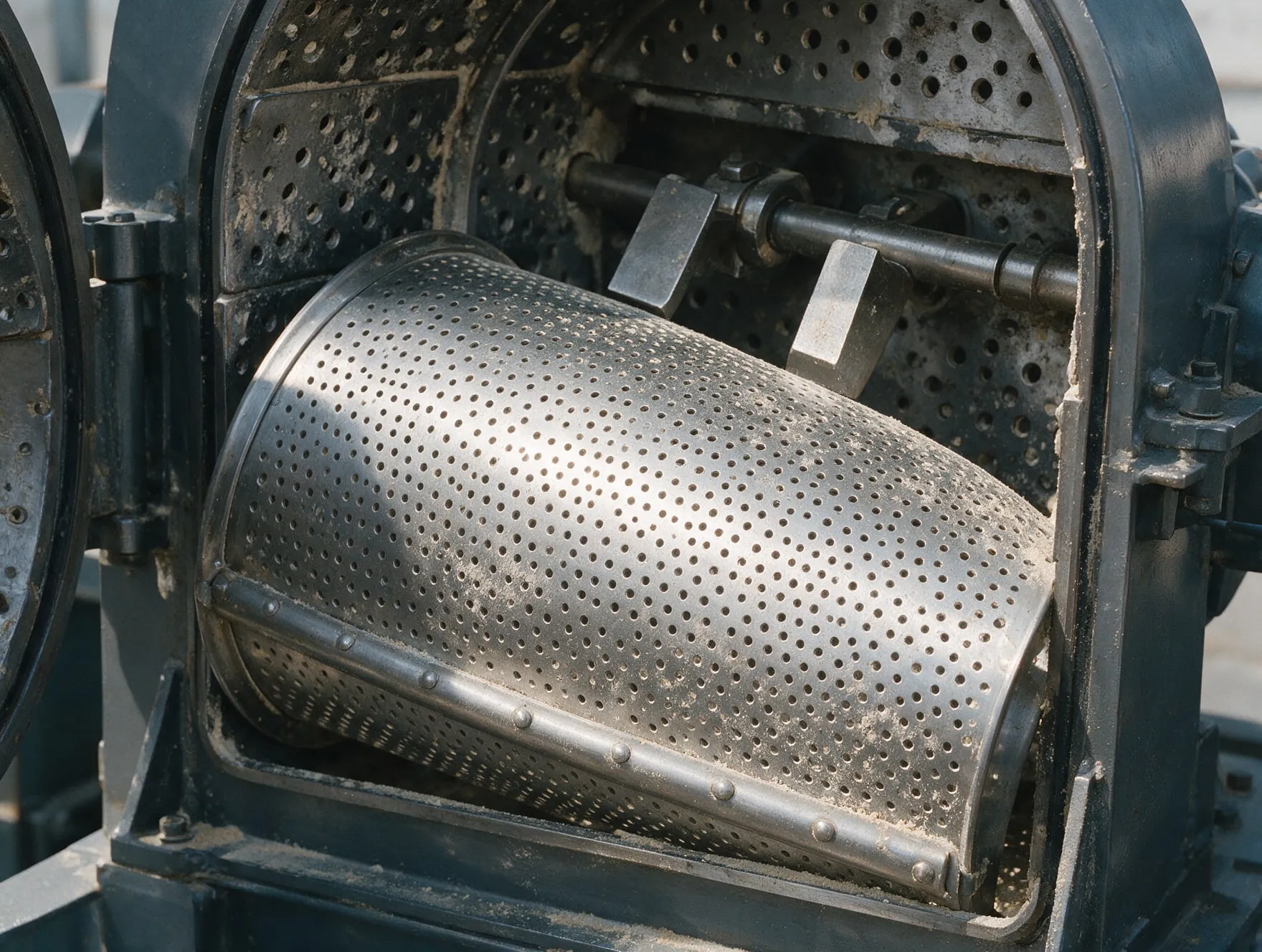 A curved perforated pulveriser sieve fitted in the open chamber of a hammer mill