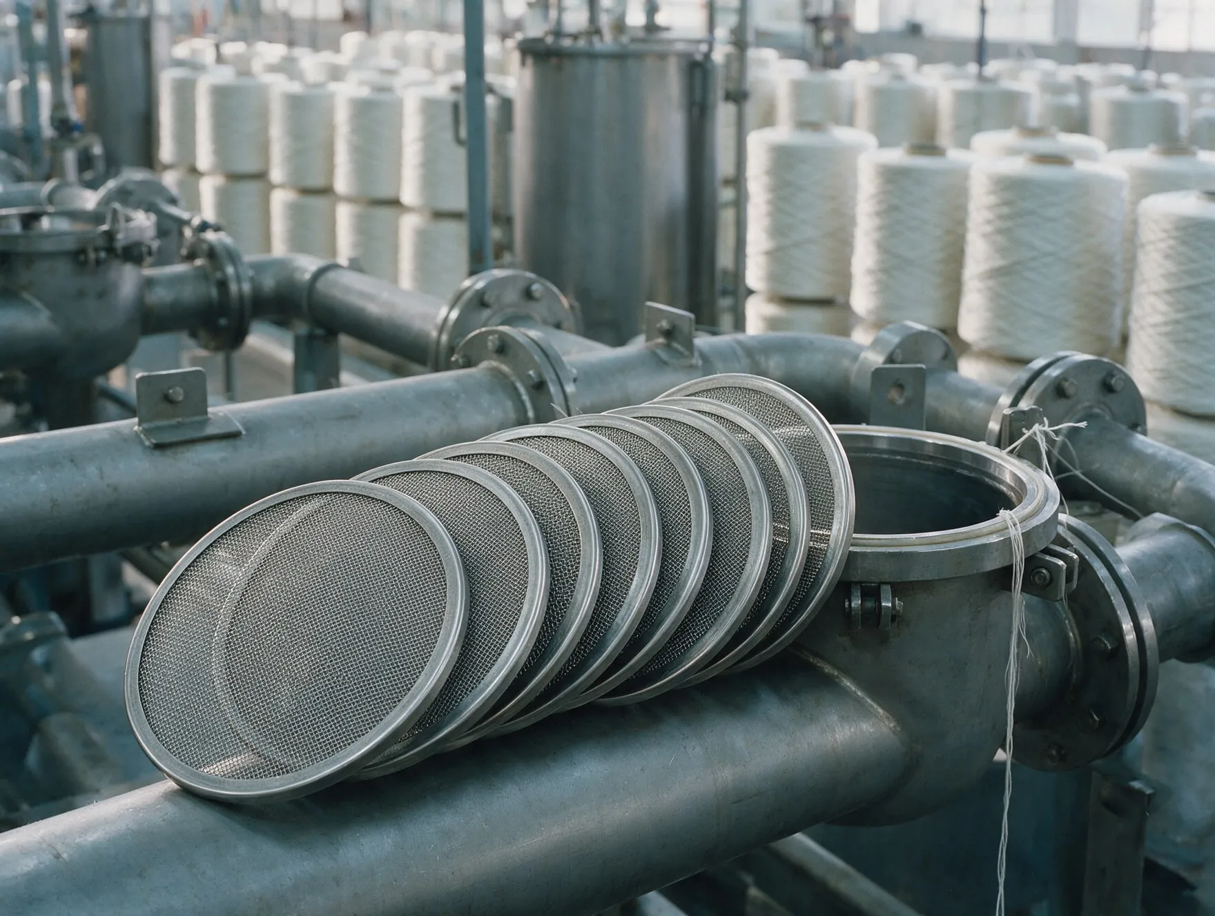 Fine stainless steel wire mesh filter discs beside a filter housing in a rayon plant
