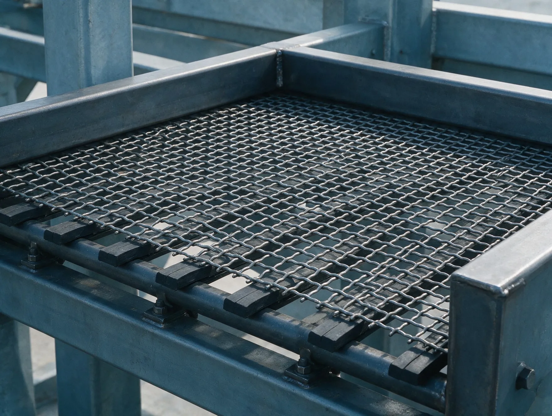 A woven wire mesh screen panel seated on rubber cushion strips in a vibrating screen