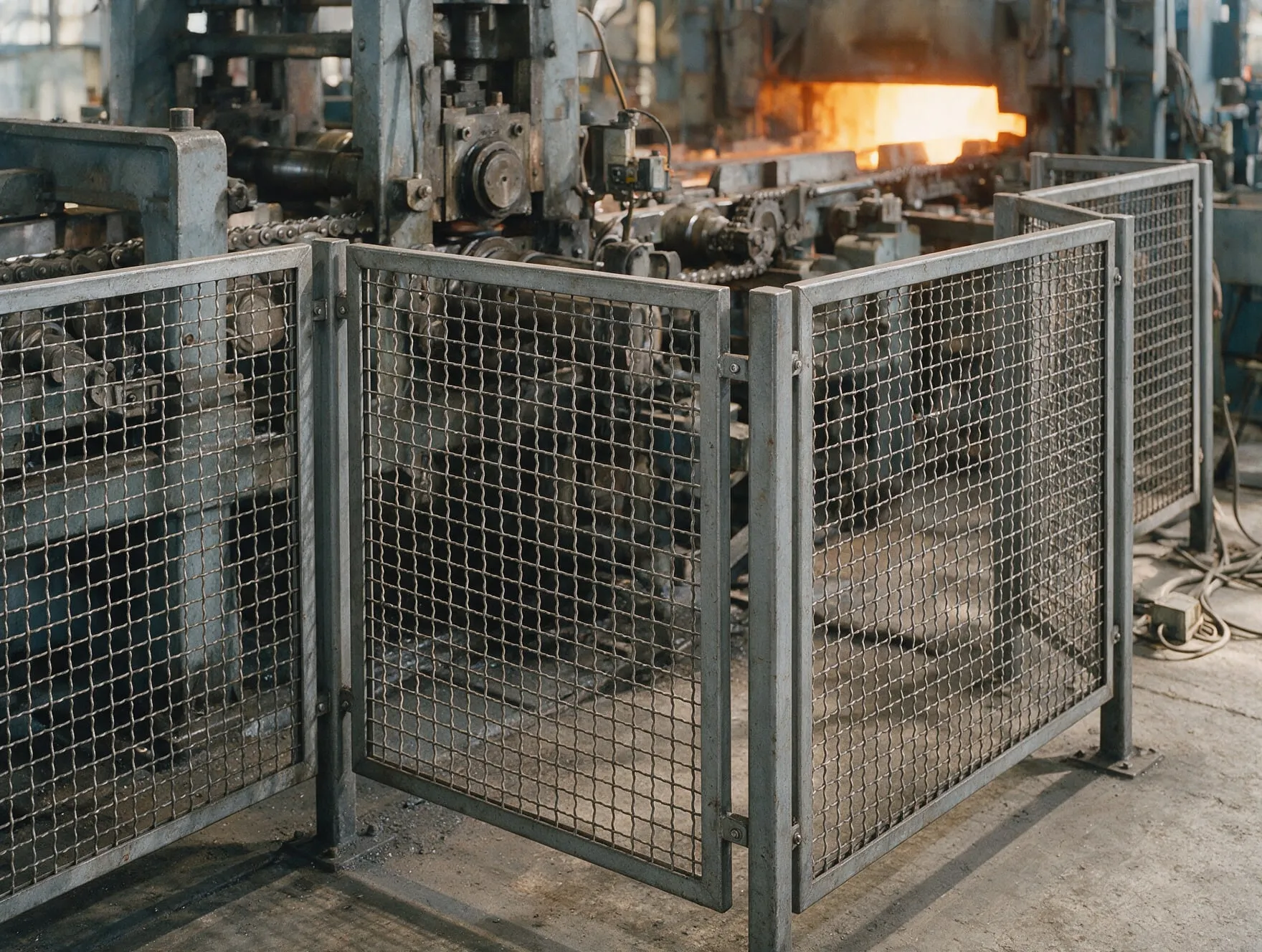 Woven wire mesh guard panels in steel frames around rolling equipment in a steel mill