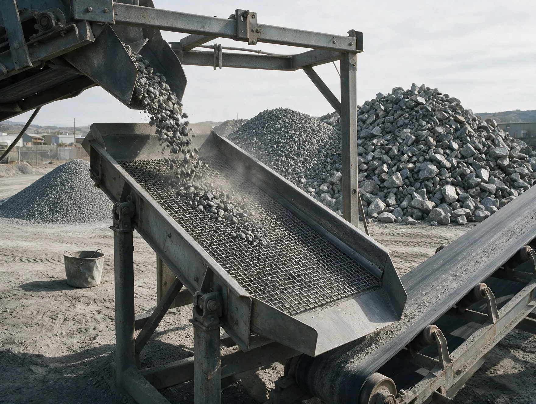Crushed stone falling onto an inclined woven wire sizing screen at a stone crushing plant